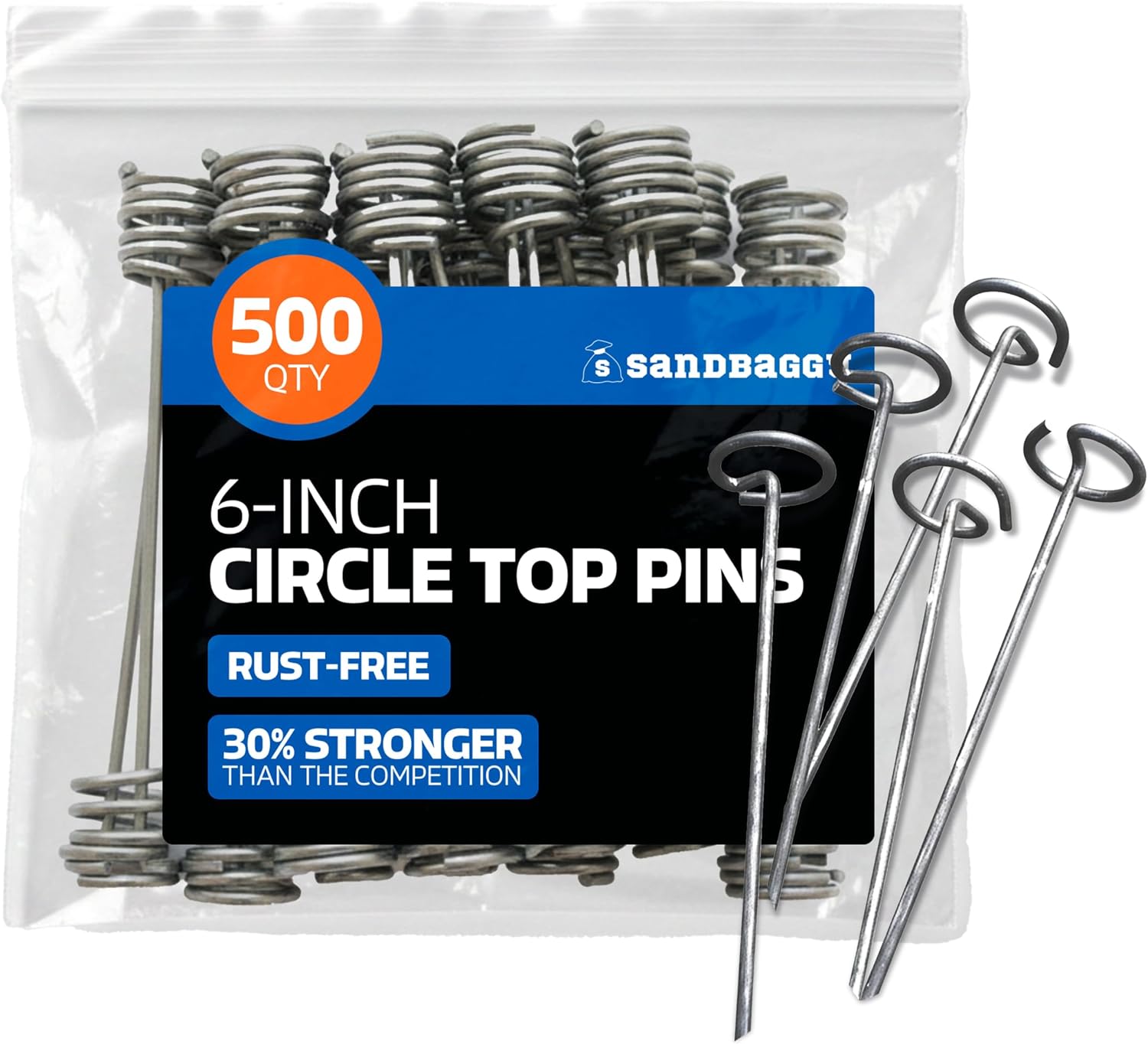 Sandbaggy 6 Inch Landscape Staples, 8 Gauge Galvanized Circle Top Garden Stakes, Heavy Duty Ground Pins for Weed Barrier Fabric, Sod, Turf, Netting and Erosion Control, 500 Pins