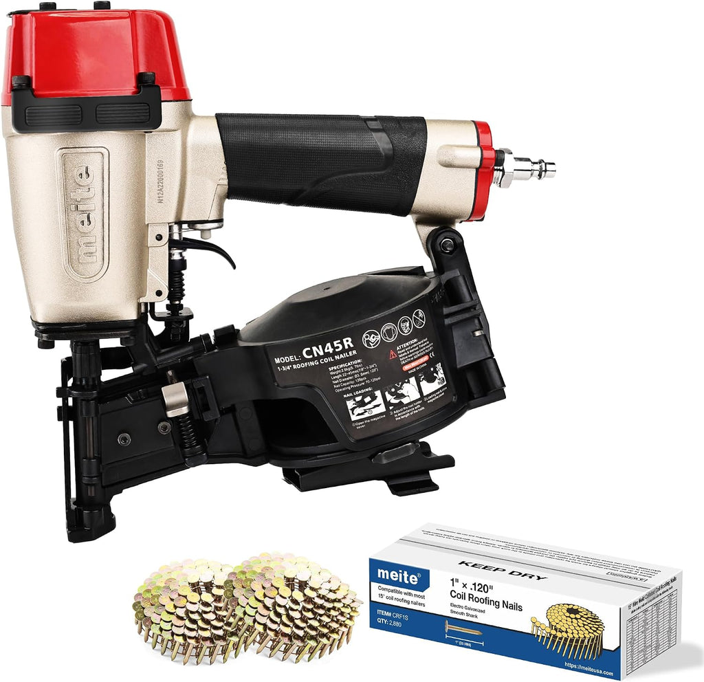 meite Roofing Nail Gun CN45R Coil Roofing Nailer and meite Coil Roofing Nails 1-Inch x .120-Inch Electro Galvanized 15 Degree Full Round Head Coil Nails for Roofing Nailer