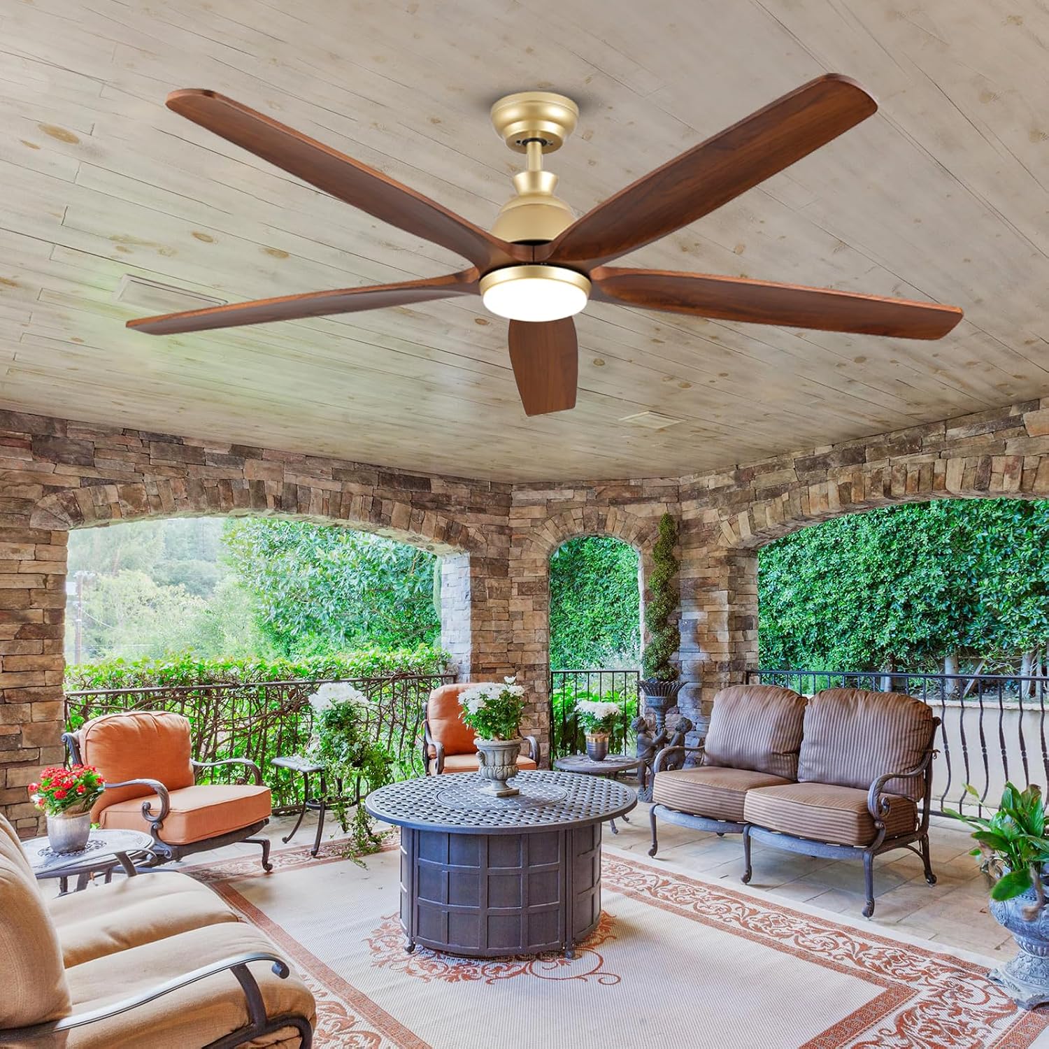 52 Inch Ceiling Fan with Light and Remote Control, Damp Rated Outdoor Fan for Patios, 5 Wood Bladesd and 3 Gold Downrods, 6-Speed Wind, Reversible DC Fan for Modern Farmhouse Office