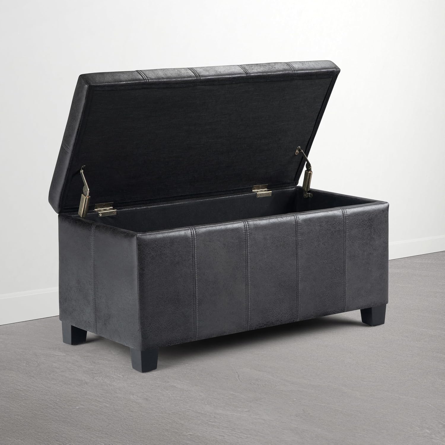 SIMPLIHOME Dover Storage Ottoman Bench - 36 inch Wide Upholstered Vegan Leather Rectangle Storage Ottoman Bench in Distressed Graphite Black, Contemporary Ottoman for Living Room with Lift-Up Lid