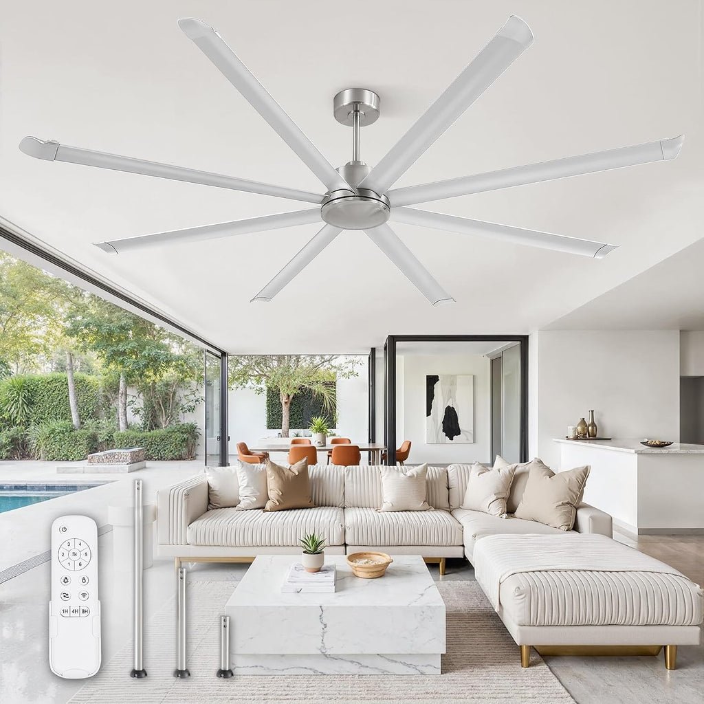 ZMISHIBO 96' Large Industrial Ceiling Fans No light with Aluminum 8 Blades, Commercial HVLS Ceiling Fan without Light,Quiet DC Motor,6 Speeds, Indoor Outdoor Ceiling Fan for Patio, Garage Shop, Nickel