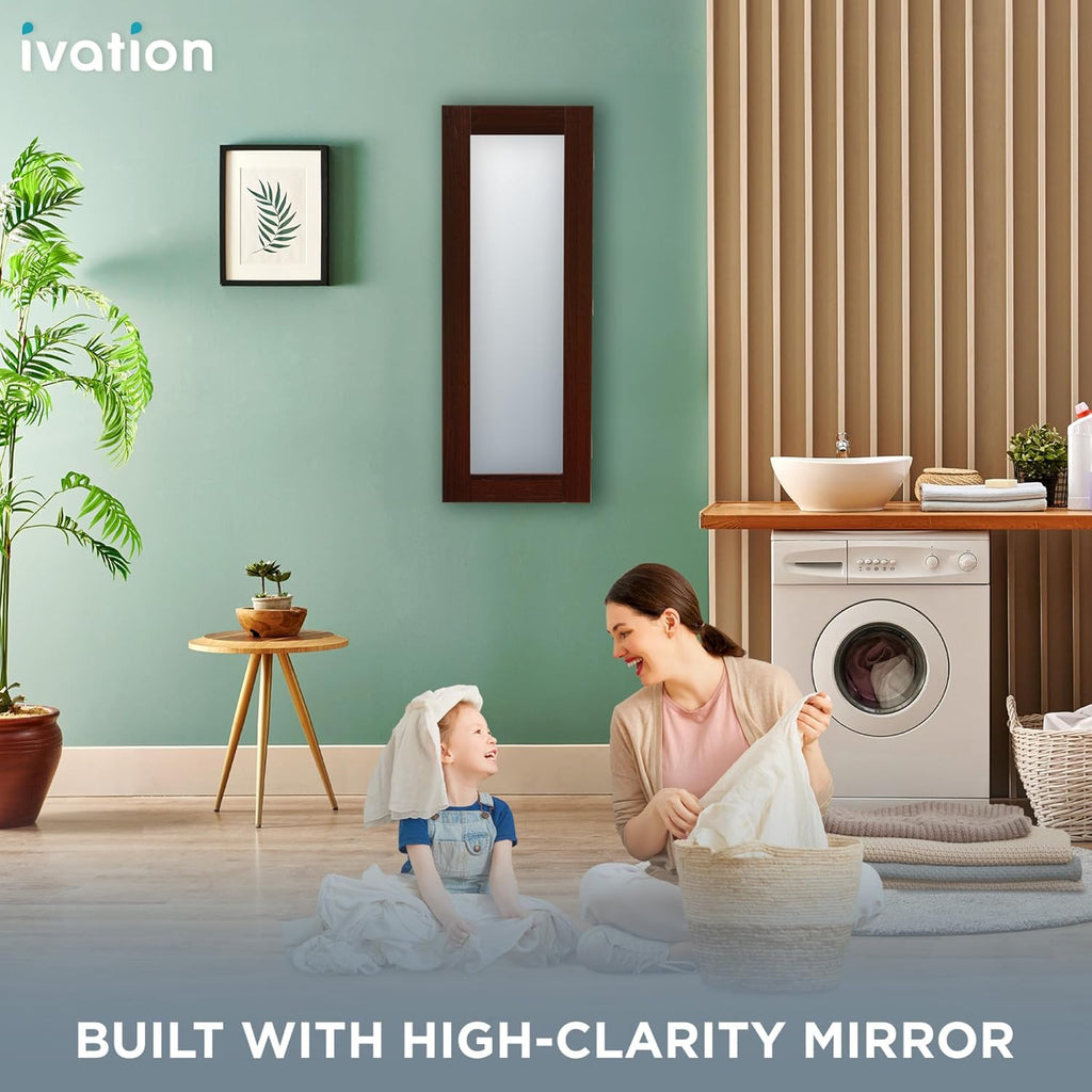 Ivation Wall-Mounted Ironing Board Cabinet, Foldable Ironing Storage Station for Home, Apartment & Small Spaces, Easy-Release Lever, with Miror Door, Walnut Color