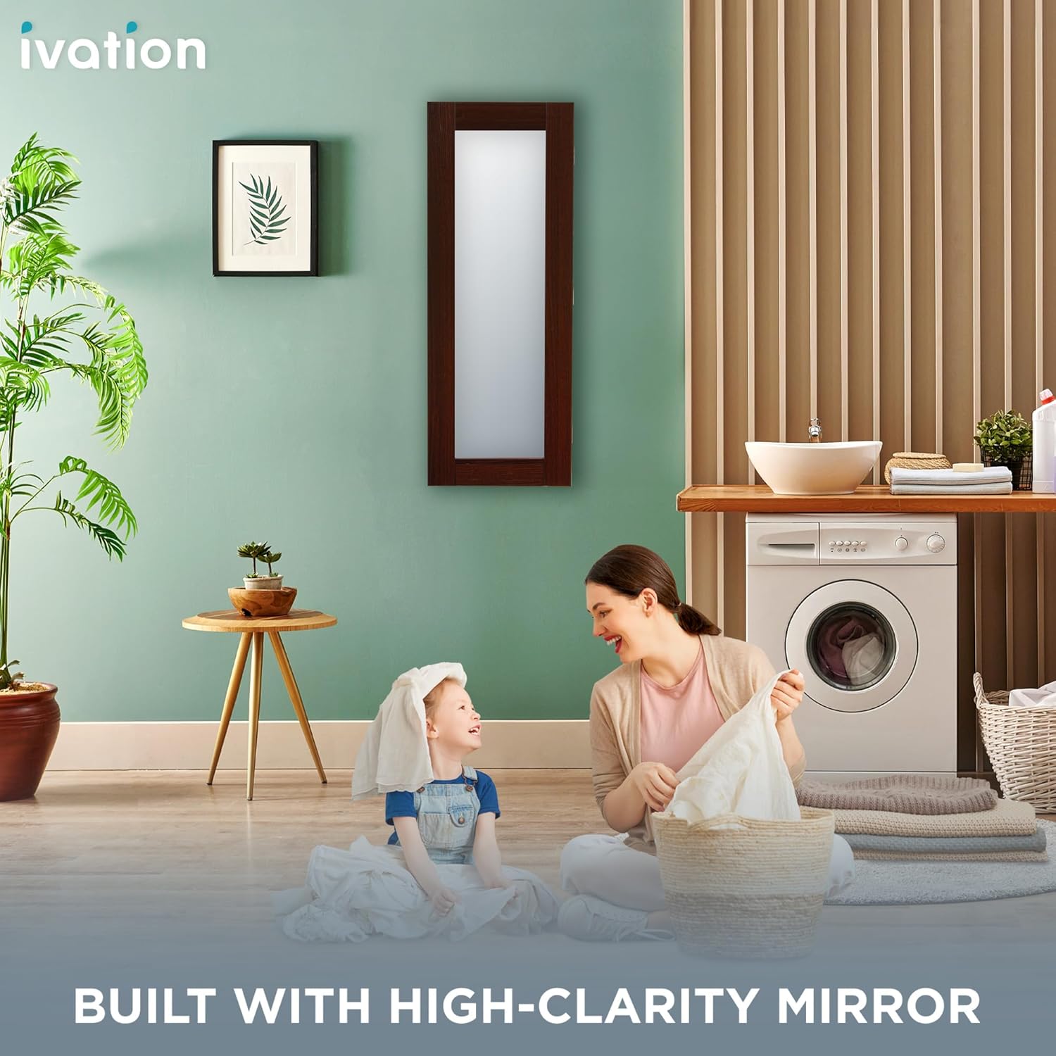 Ivation Wall-Mounted Ironing Board Cabinet, Foldable Ironing Storage Station for Home, Apartment & Small Spaces, Easy-Release Lever, with Miror Door, Walnut Color