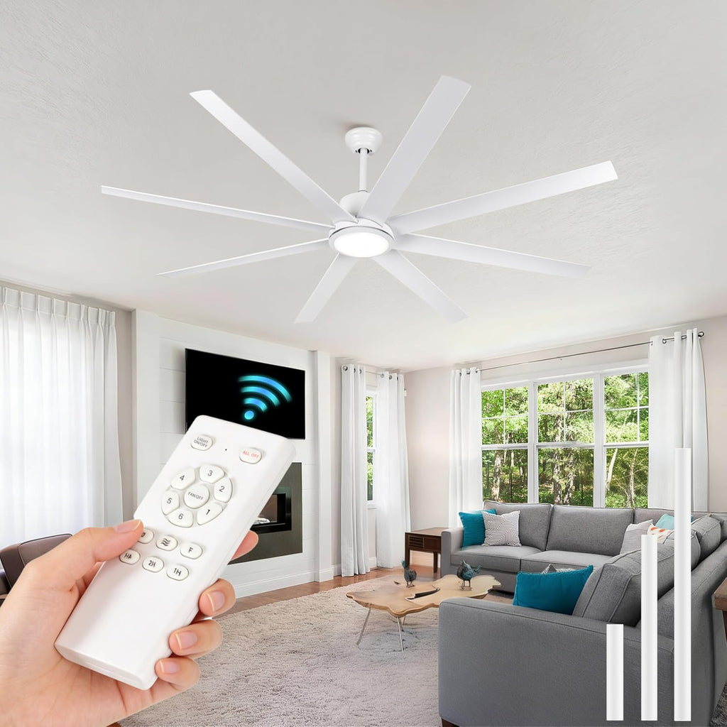 72 Inch Large Ceiling Fans with Lights and Remote Control, 6 Wind Speeds, LED Dimmable DC Reversible indoor/outdoor Ceiling Fans with 8 Blades for Living Rooms, Kitchen, Patio, White