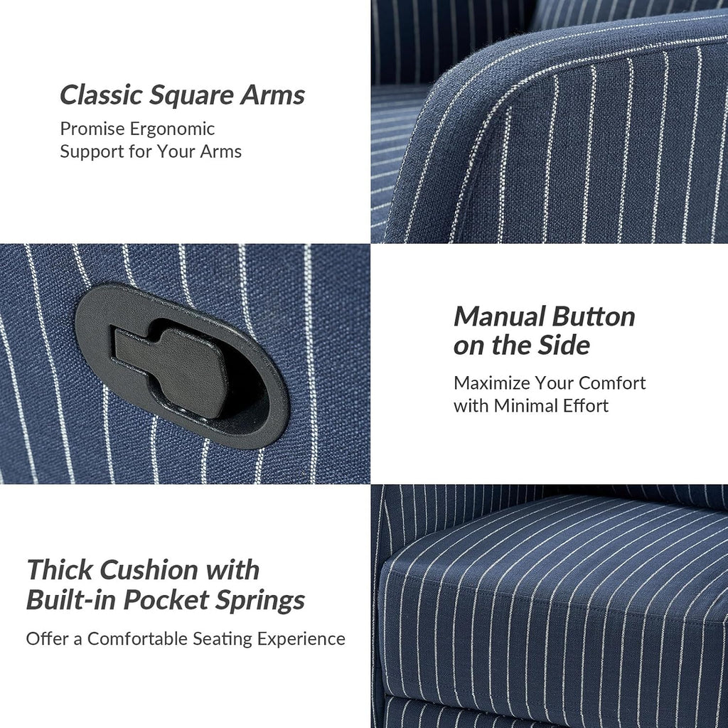 HULALA HOME Swivel Rocker Recliner Adjustable Home Theater Single Fabric Recliner Sofa Furniture, Living Room Rocking Recliner Chairs Nursery, Set of 2 Navy Striped Pattern