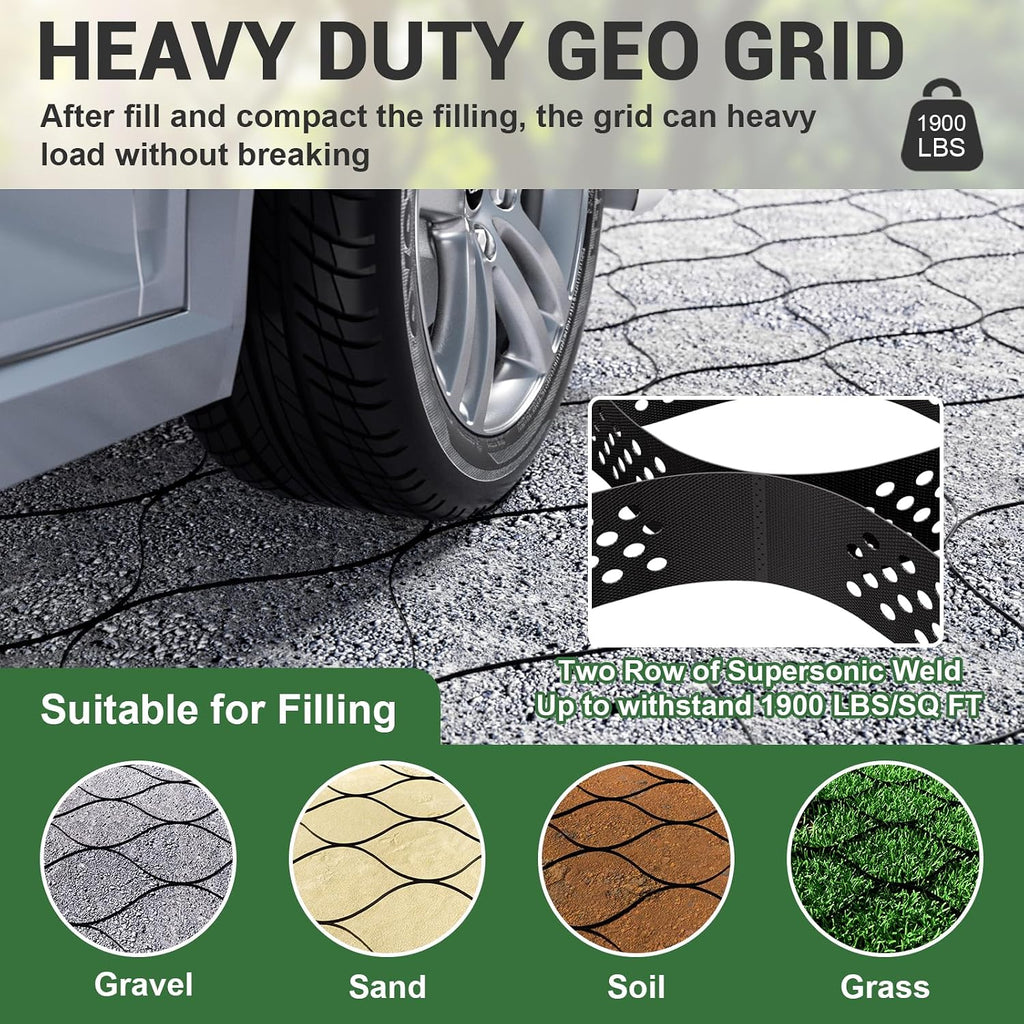 Gravel Grid 9x34 FT with 20Pcs Landscape Staples, 3'' Thick Geogrid Ground Grid 2200 lbs per Sq Ft Erosion Control Geo Grid for Driveway, Walkway, Horse Paddock, Patio, Parking Lot, Slope