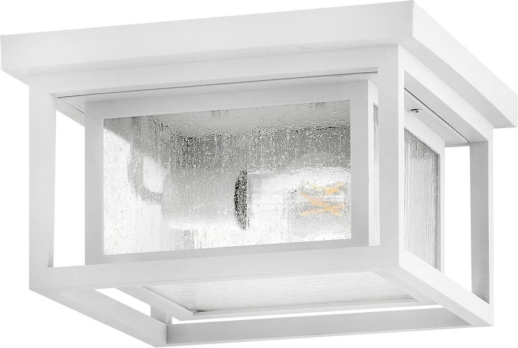 Hinkley Republic Small Flush Mount Outdoor Ceiling Light, Composite, Clear Seedy Glass Panes, Anti-Fading Finish, Textured White Finish