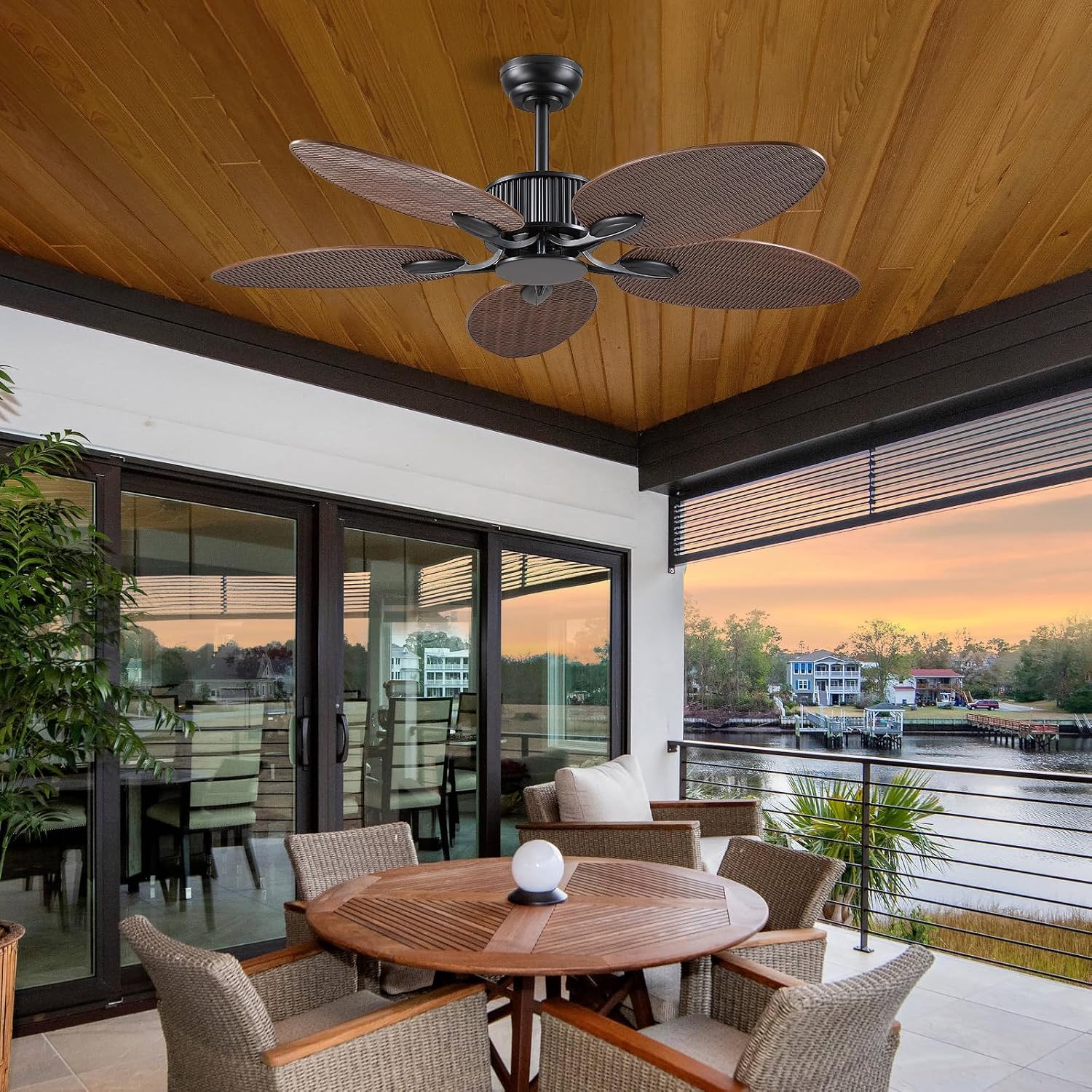 Wiviniya 50 Inch Tropical Ceiling Fan no Light, Palm Leaf Waterproof Outdoor Ceiling Fans for Patios Porch, Remote/APP Control, Wet Rated, 6 Speeds, Reversible Quiet DC Motor, Dark Brown