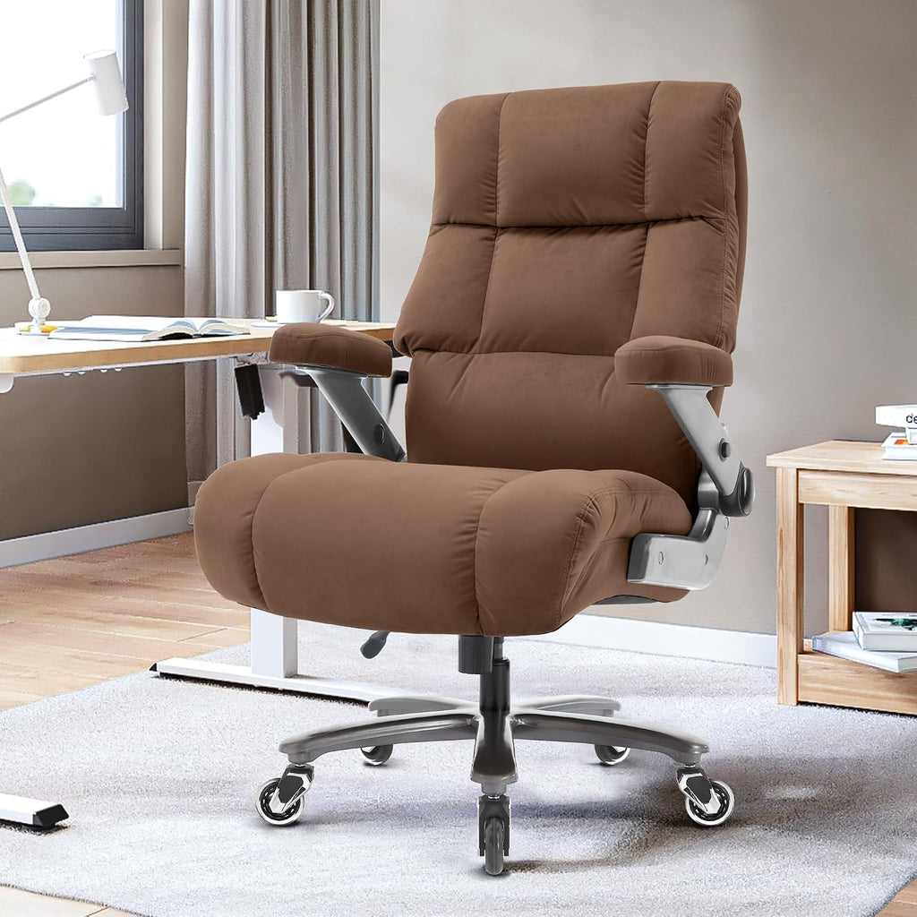 Big and Tall Office Chair 700lbs- Fabric Executive Desk Chair with Adjustable Lumbar Support 3D Flip UP Arms- Heavy Duty Quiet Wheels Metal Base Ultra-Soft Upholstered Ergonomic Computer Chairs, Brown
