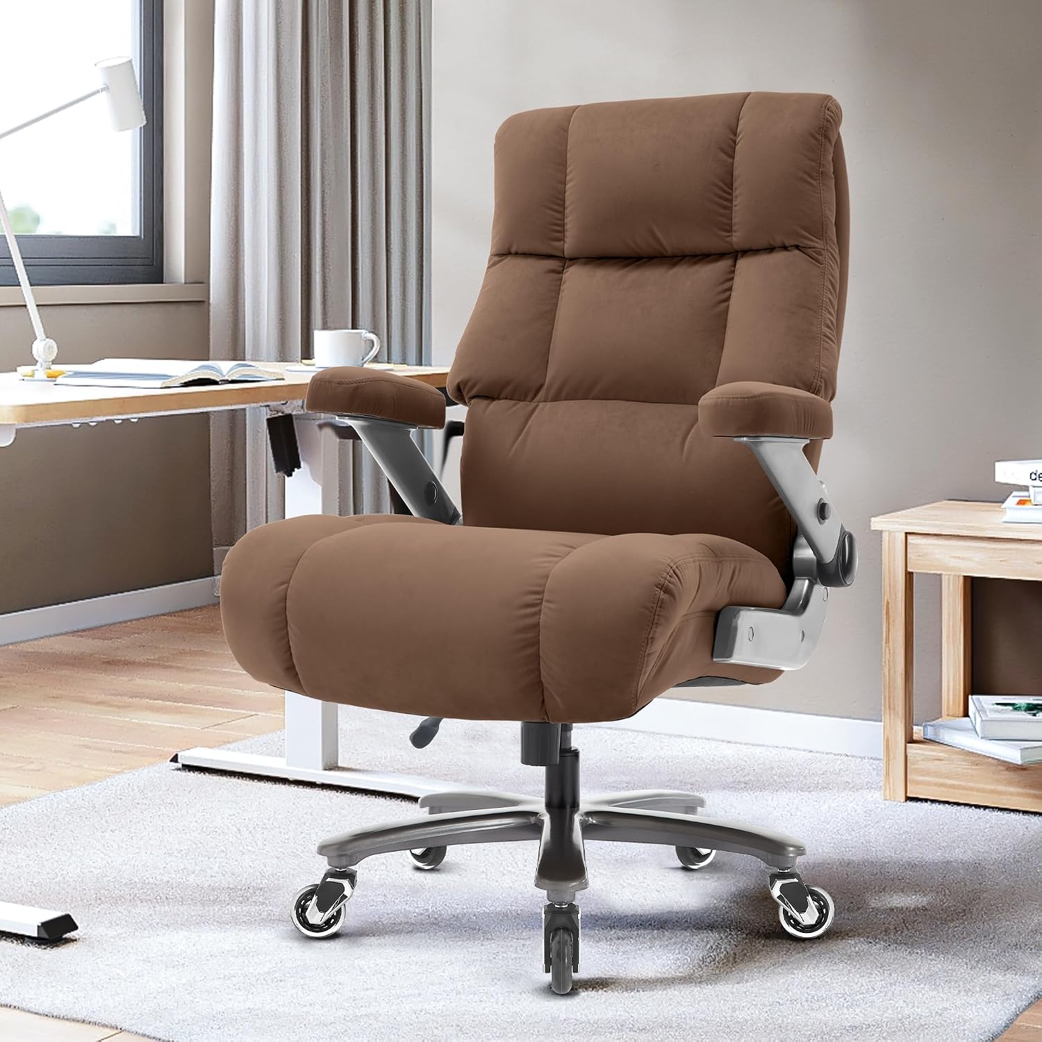 Big and Tall Office Chair 700lbs- Fabric Executive Desk Chair with Adjustable Lumbar Support 3D Flip UP Arms- Heavy Duty Quiet Wheels Metal Base Ultra-Soft Upholstered Ergonomic Computer Chairs, Brown