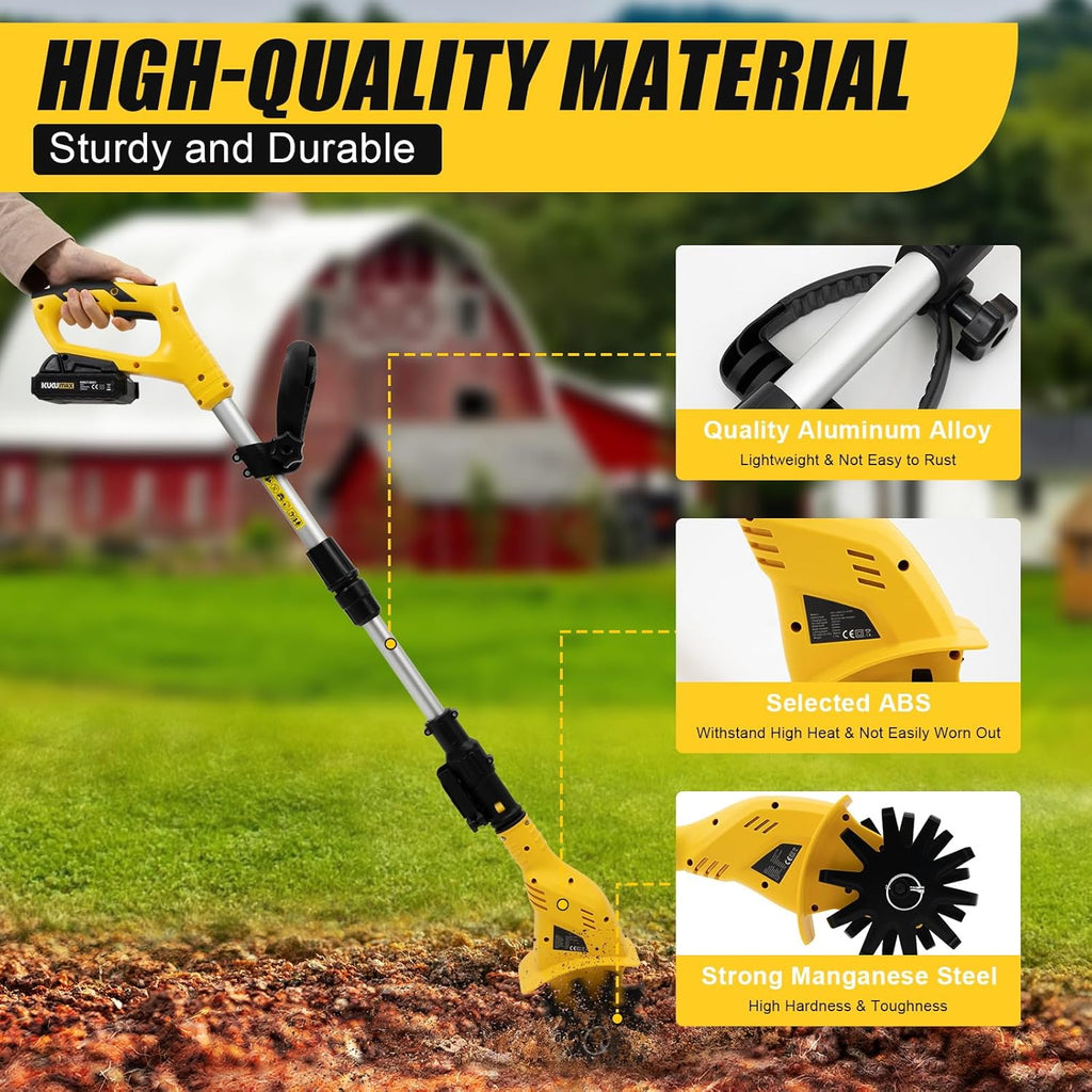 DYRABREST 20V Cordless Garden Tiller Cultivator Portable Handheld Soil Cultivator Electric Tiller Cultivator with 3.94Inch Tilling Depth, 60 Mins Battery Life and Adjustable Pole for Lawn, Yard, Farm