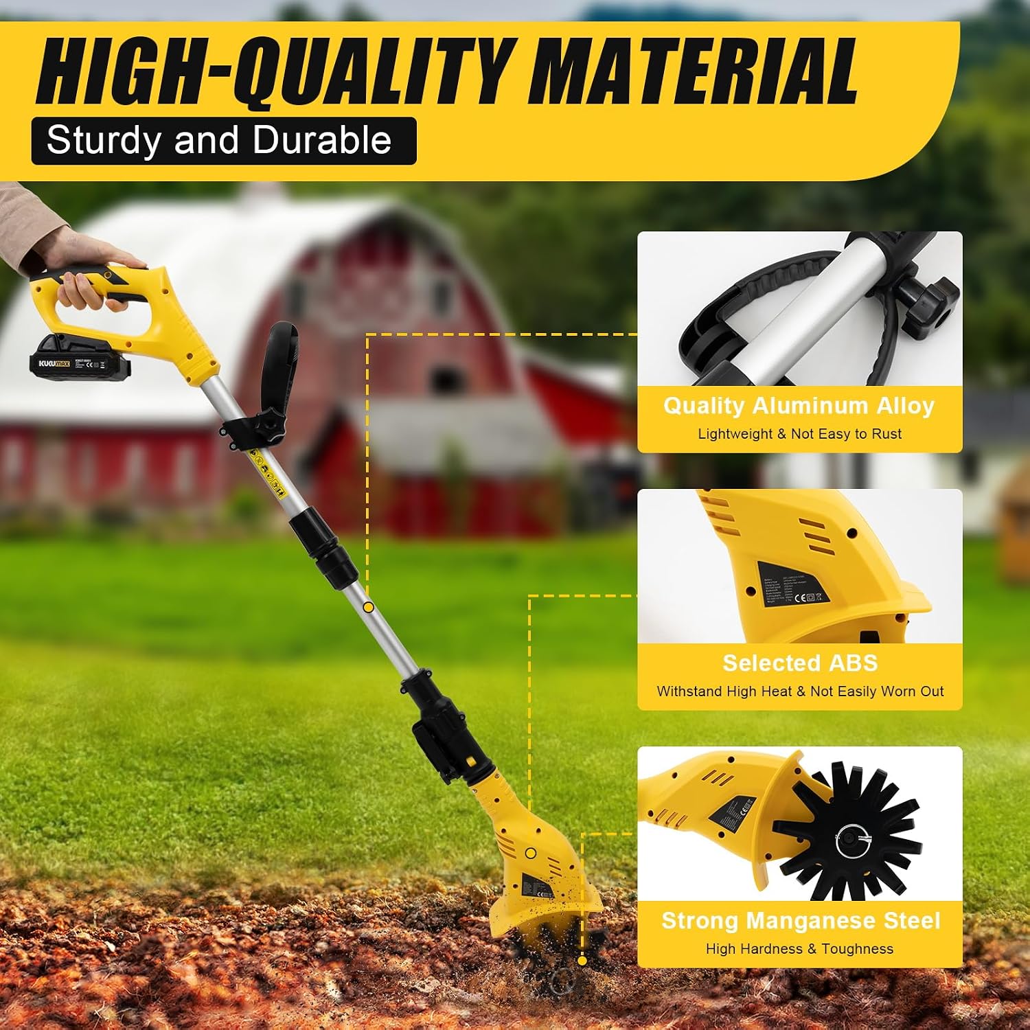 20V Cordless Tiller Cultivator, 3.9inch 250RPM Garden Cordless Tiller with Telescopic Rod Electric Tiller Handheld Battery Powered for Lawn Farms Yard (Max Tilling 6.7'' Deep)