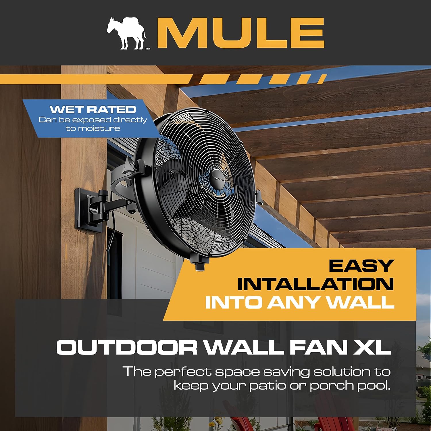 MULE 18 Inch Wet-Rated Outdoor Wall Fan XL, Plug-In Mount with 8-Foot Cord, Adjustable Omni-Reach Arm and 3-Speed Quiet Motor, Matte Black