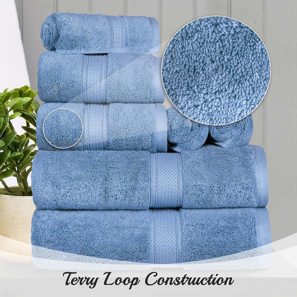 SUPERIOR Egyptian Cotton Ultra Plush & Absorbent, 10 Piece Set, Denim Blue | Quick Dry, Soft Luxury Towel Set, Bath Essentials, Guest Bath, Spa, 2 Bath, 4 Hand, 4 Face Towels, Madeline Towels