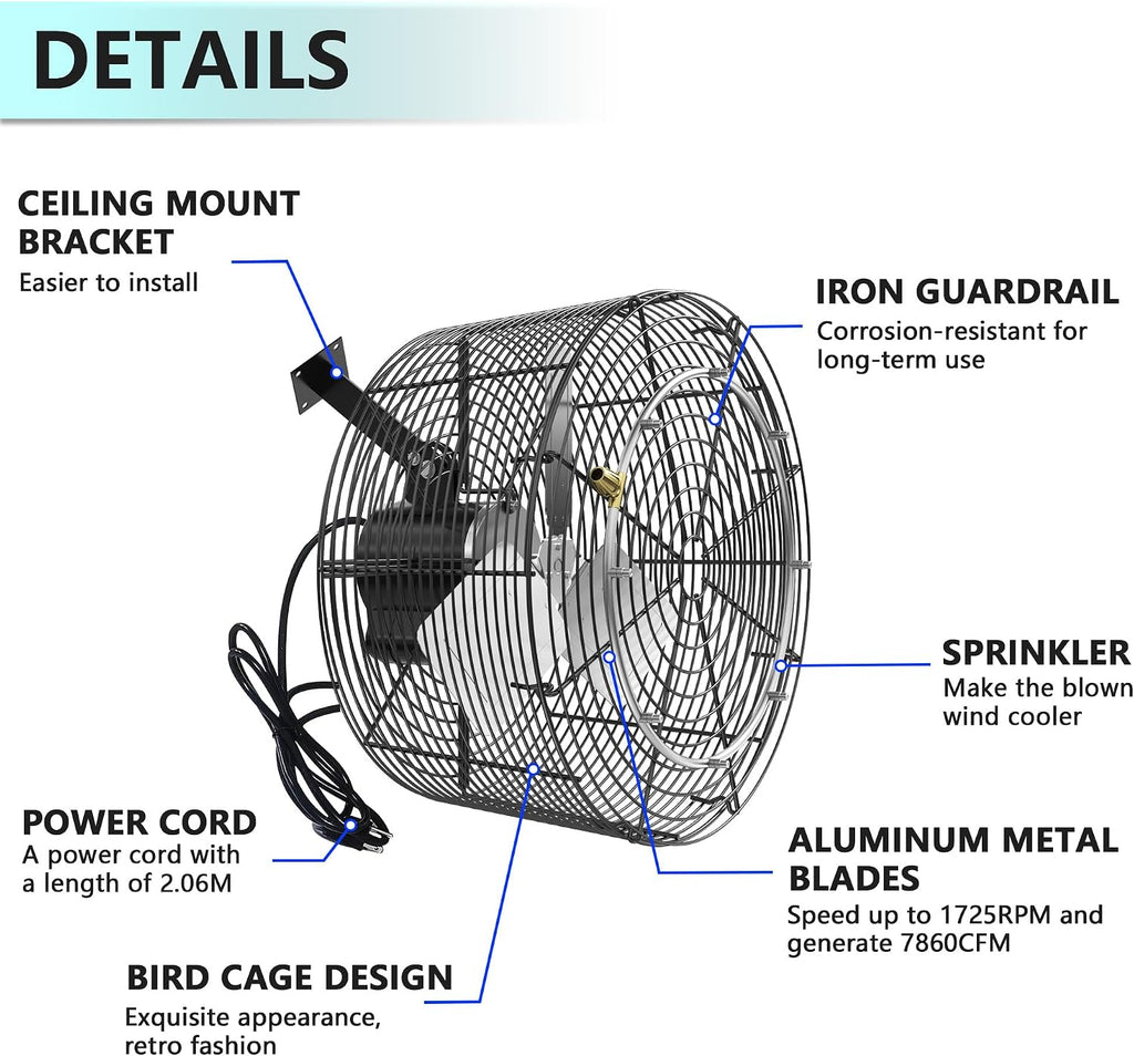 Greenhouse Air Circulation Fan with Mist and Water Pipe 1/2HP 115V Ceiling Wall Mount Fan High Speed Circulation for Greenhouse, Warehouse, Patio, Garage 7860CFM, 20000BTU, ETL Listed