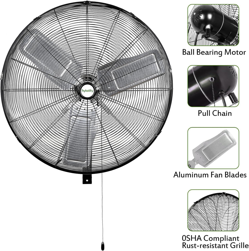 hykolity 30 in. High Velocity Industrial Wall Fan, 9500 CFM 3-Speed Wall Mount Oscillating Fan, Heavy Duty Shop fan for Garage, Warehouse, Workshops, Commercial and Factory, UL Listed
