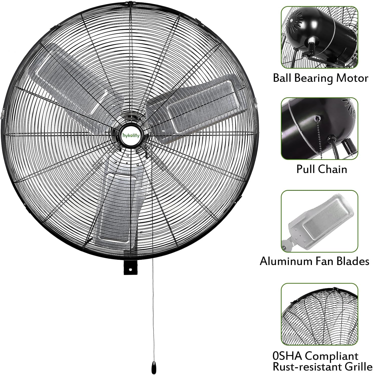 hykolity 30 in. High Velocity Industrial Wall Fan, 9500 CFM 3-Speed Wall Mount Oscillating Fan, Heavy Duty Shop fan for Garage, Warehouse, Workshops, Commercial and Factory, UL Listed