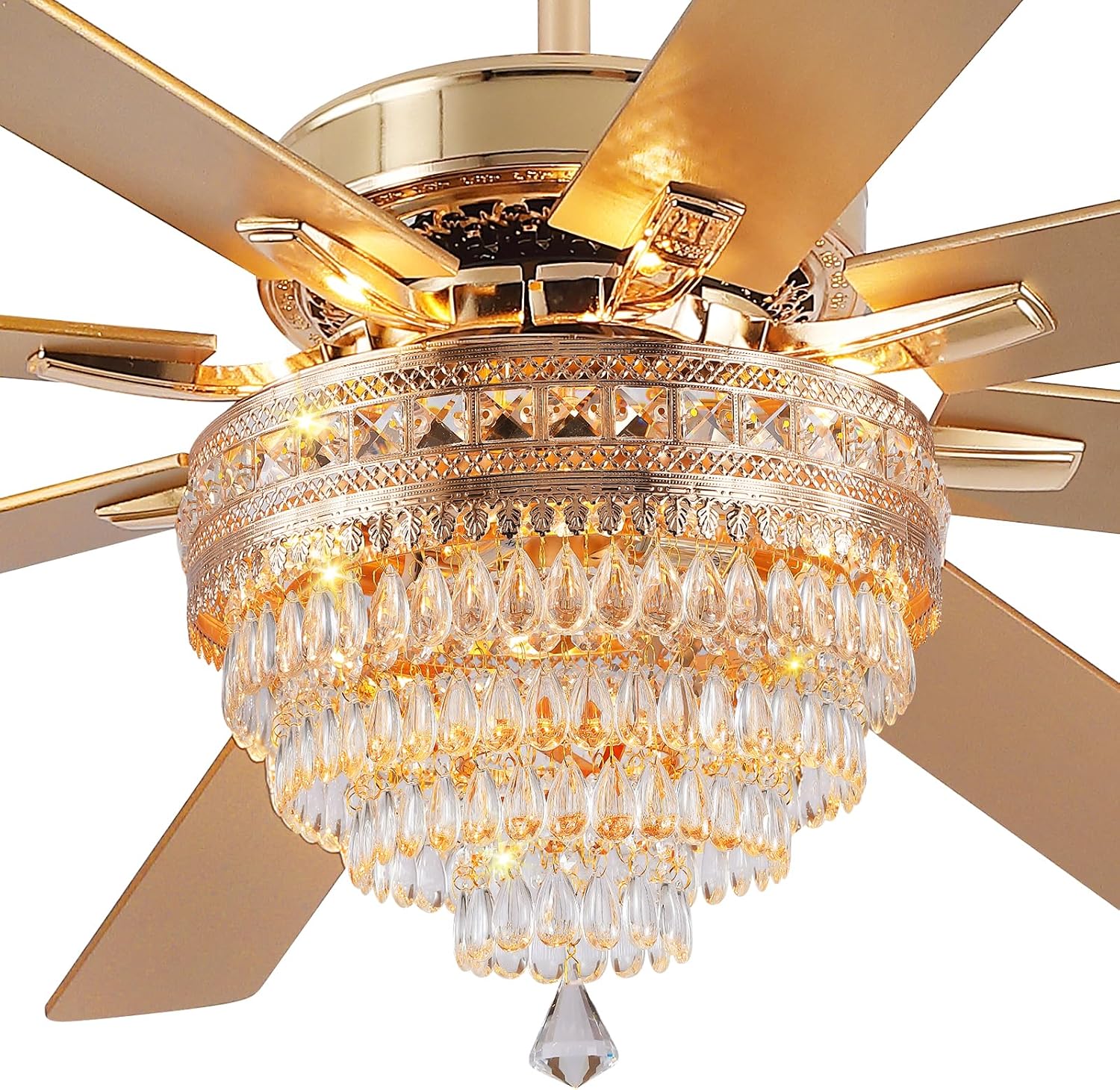 72 Inch Golden Crystal Ceiling Fan Fandelier with Lights,Large Modern Luxury Chandelier Ceiling Fans with Remote Control，Retro/Farmhouse Ceiling Fan with Light Fixture For Dining Room,Living Room