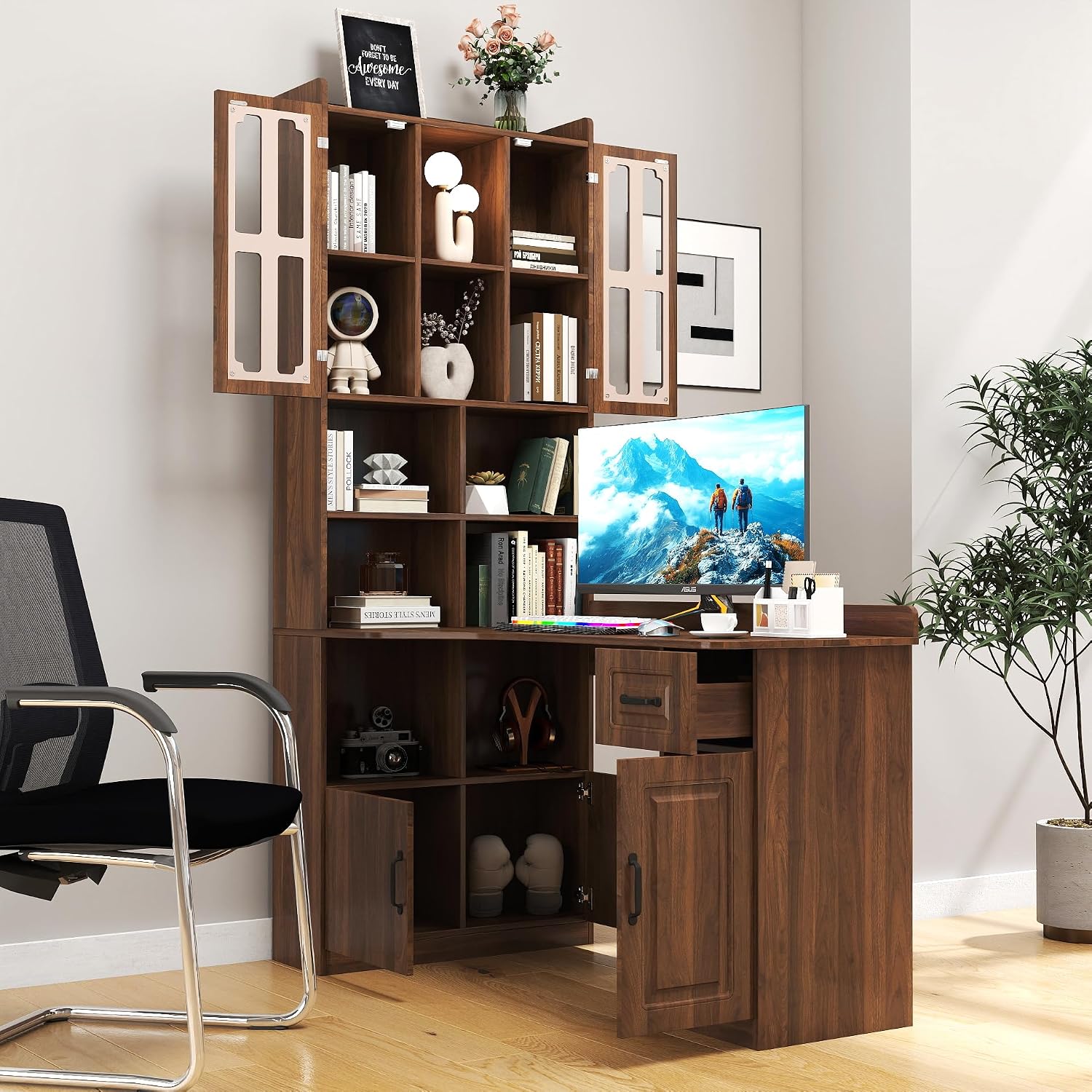 Jmyab L-Shaped Corner Computer Desk for Home Office, Study Modern Style Table with Drawer, Bookshelf Hutch Study Table, 2-in-1 L-Shaped Design, Large Working Space, Walnut