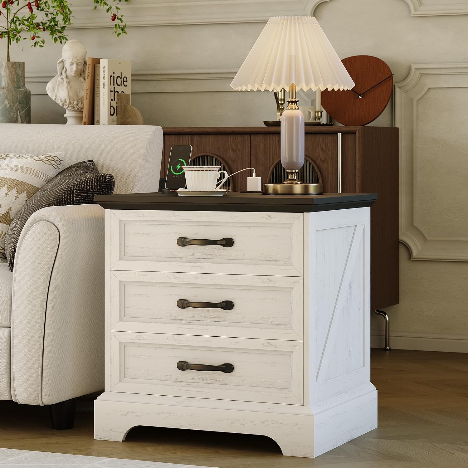 Modern Farmhouse Wood Nightstand with Charging Station & 3 Large Drawers, 24 Inch Wide Rustic Bedside Table & End Table with Storage Bedside Cabinet for Bedroom Living Room Small Space White