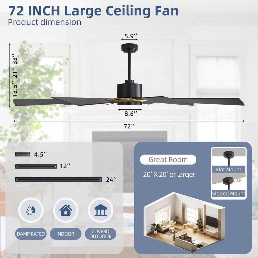 WINGBO 72' Windmill Ceiling Fan with Lights, 3 Downrod, 6-Speed Reversible DC Motor, 3CCT, 10 Blade Indoor Farmhouse DC Ceiling Fans for Kitchen Bedroom Living Room Patio, Aged Brass and Black