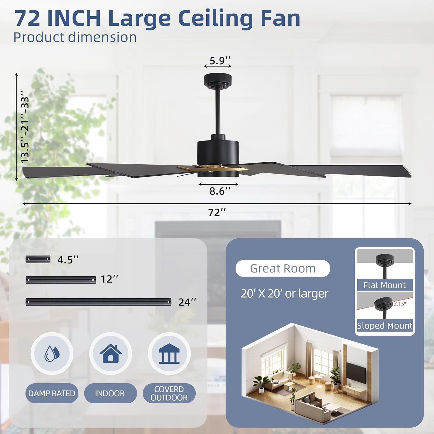 WINGBO 72' Windmill Ceiling Fan with Lights, 3 Downrod, 6-Speed Reversible DC Motor, 3CCT, 10 Blade Indoor Farmhouse DC Ceiling Fans for Kitchen Bedroom Living Room Patio, Aged Brass and Black