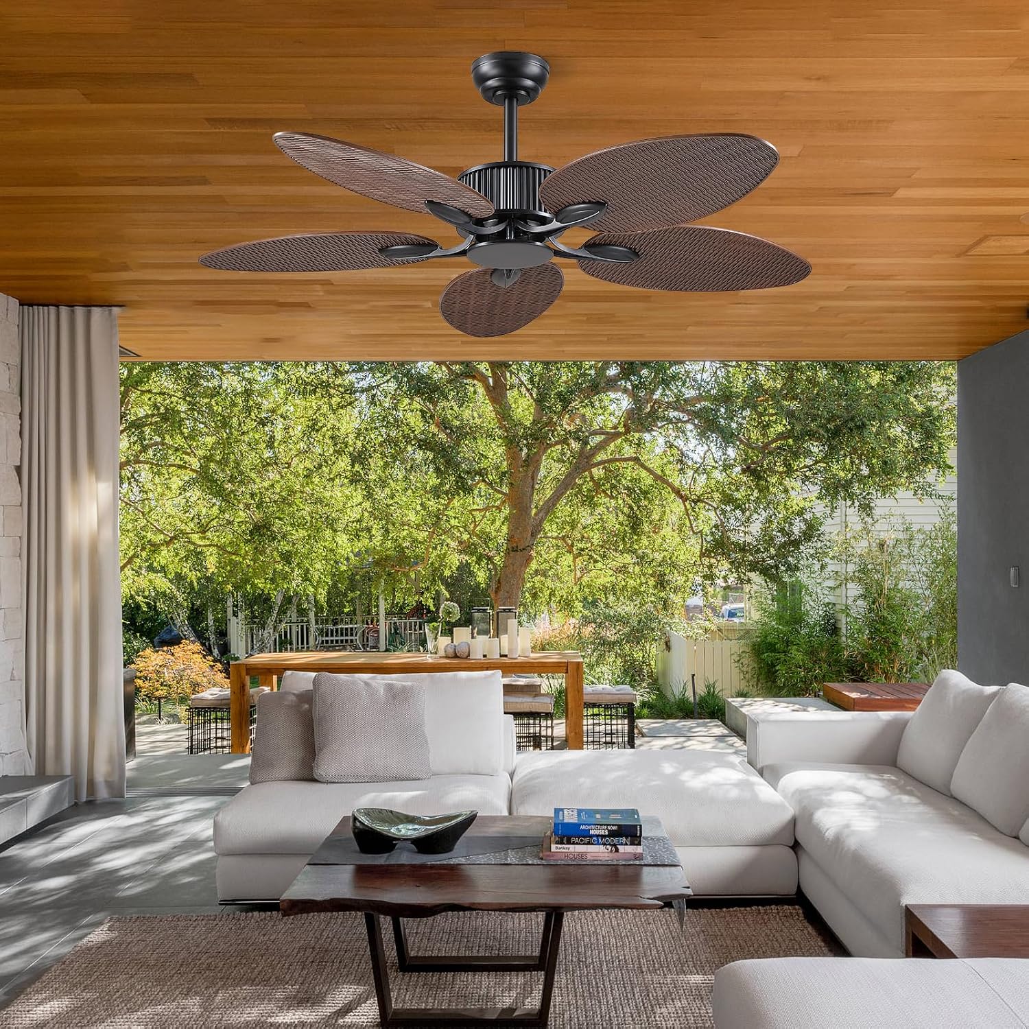 Wiviniya 50 Inch Tropical Ceiling Fan no Light, Palm Leaf Waterproof Outdoor Ceiling Fans for Patios Porch, Remote/APP Control, Wet Rated, 6 Speeds, Reversible Quiet DC Motor, Dark Brown