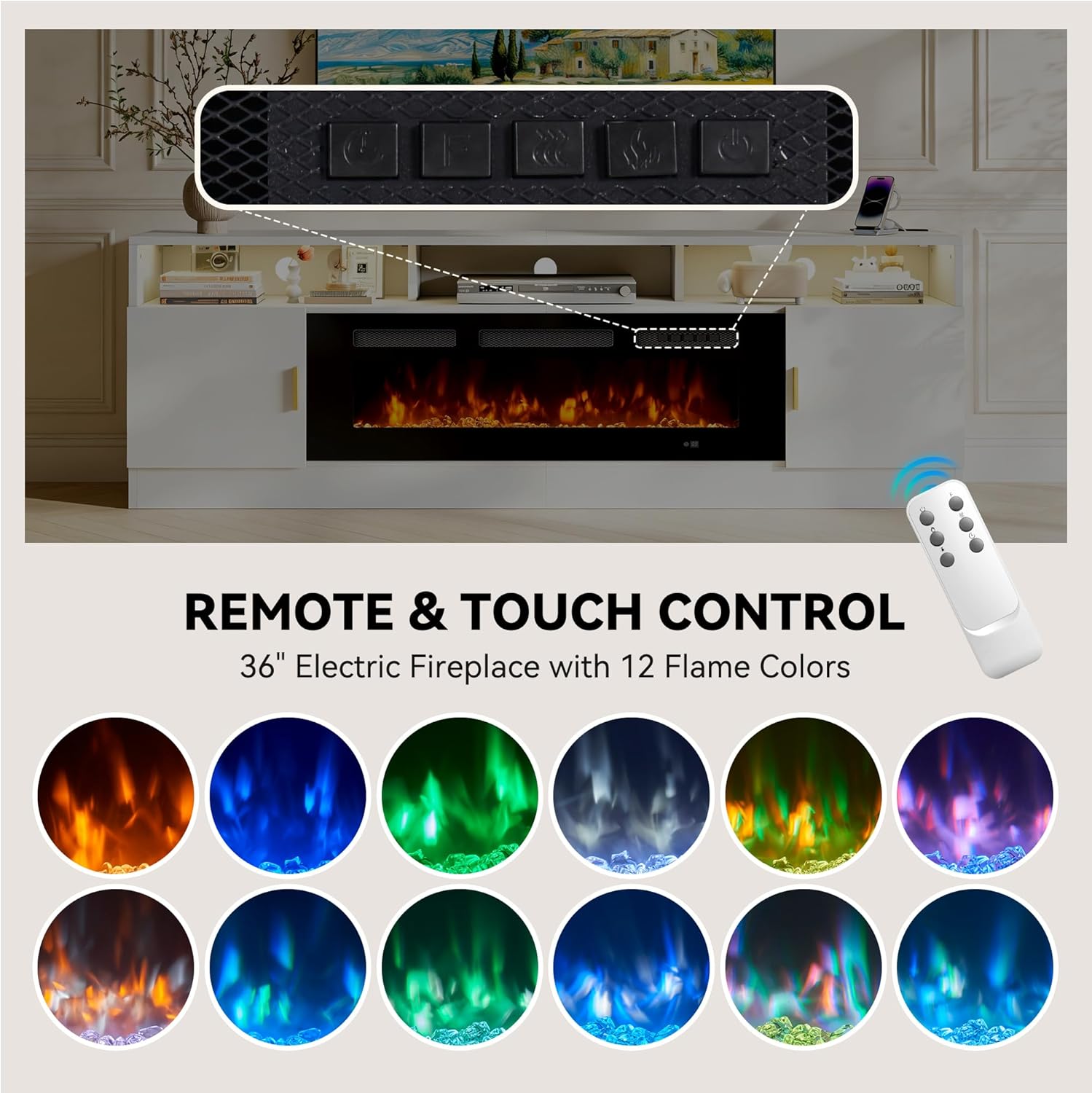 70' Fireplace TV Stand with Power Outlet, Electric Fireplace Entertainment Center with Storage Cabinets, Fits TVs up to 80', TV Console with LED Lights for Living Room, Office, White-Black