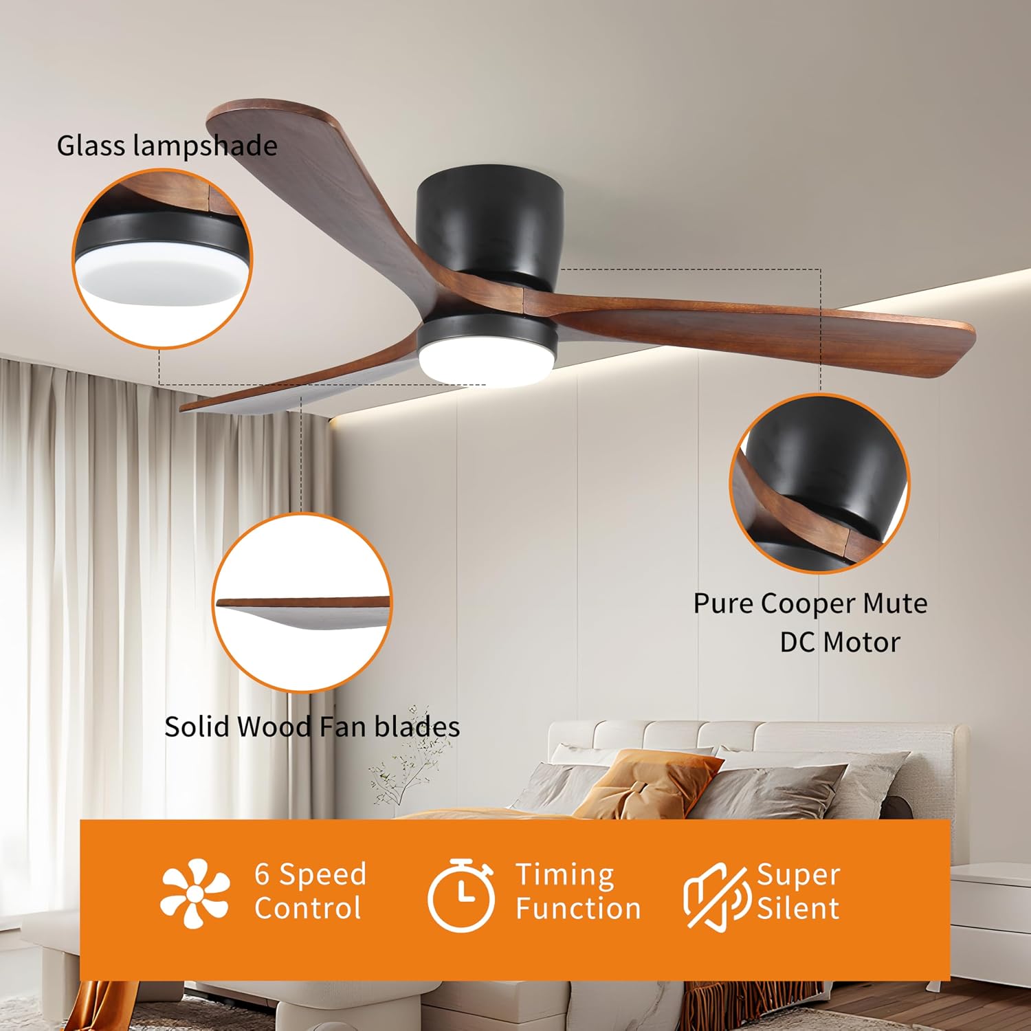42 inch Black Wood Ceiling Fans with Lights and Remote, Flush Mount Low Profile Ceiling Fan with Light, 6 Speed, Reversible DC Motor, for Bedroom,Outdoor,Farmhouse,Patios