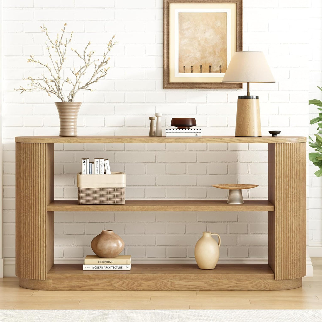 Merax Modern Entryway Console Table with Triple-Tier Storage, Slim Sofa Table with Open Shelf & Elegant Wood Grain, Multi-Functional Hallway Table for Living Room, Natural