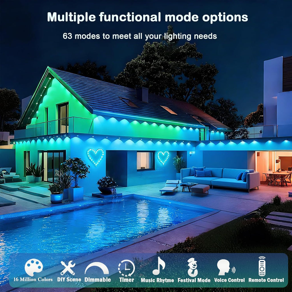 iYogaled 150ft Permanent Outdoor Christmas Lights for House, Smart RGB+IC+Warm to Cool White LED Eave Lights with App Control, IP65 Outside Light Compatible with Alexa, Google Assistant