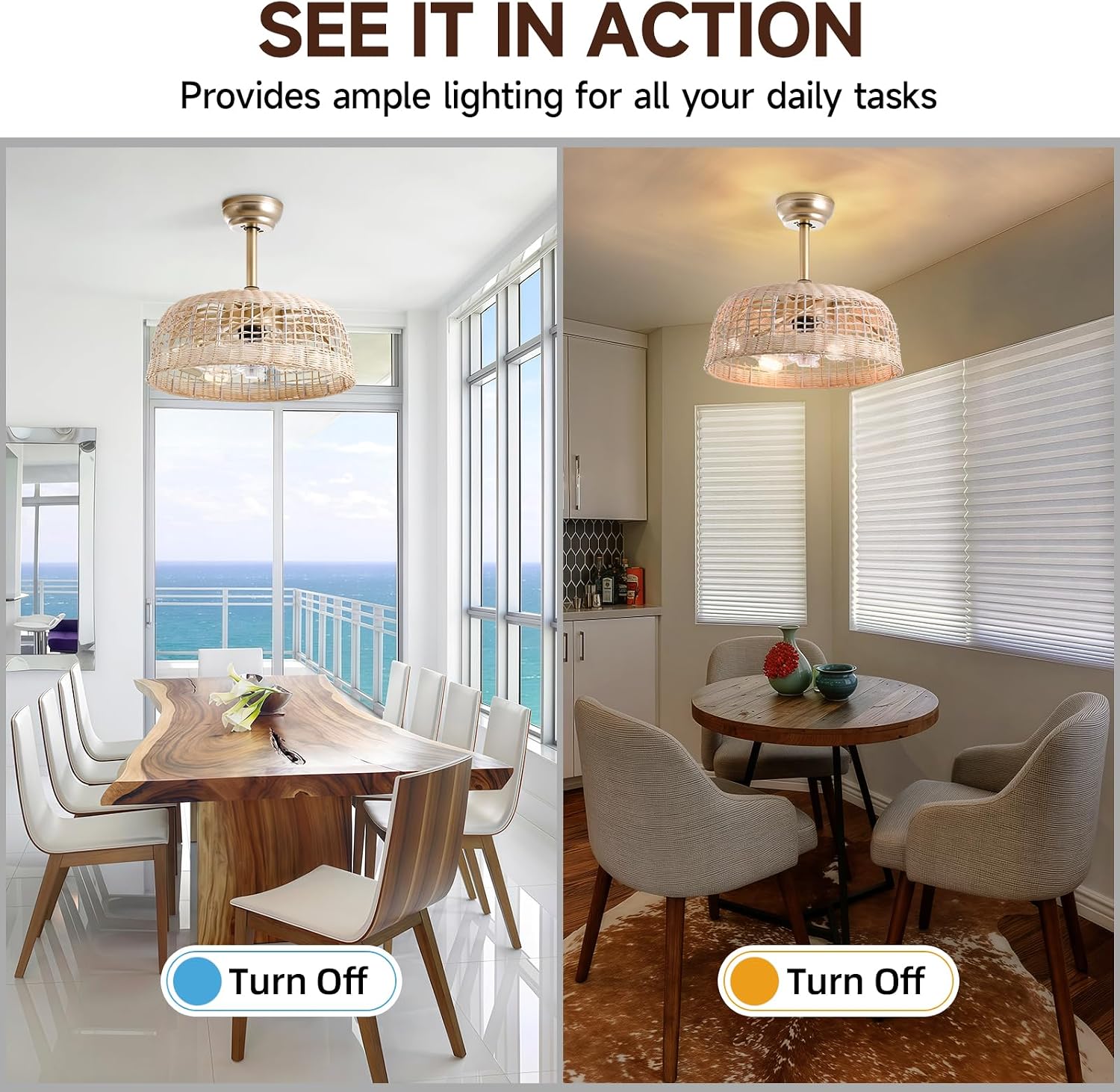 Boho Ceiling Fans with Lights 18.9in Wicker Fandelier Caged Ceiling Fan with Lighting Rattan Fandeliers for Bedroom Kitchen Dining Room Nursery Living Room, Remote Control 6 Speeds E26 Base
