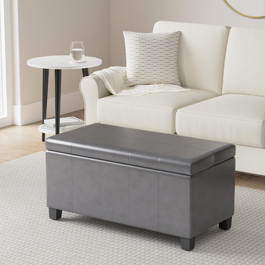 SIMPLIHOME Dover Storage Ottoman Bench - 36 inch Wide Upholstered Vegan Leather Rectangular Lift-Top Ottoman in Stone Grey, Contemporary Bench for Living Room with Safety Hinges