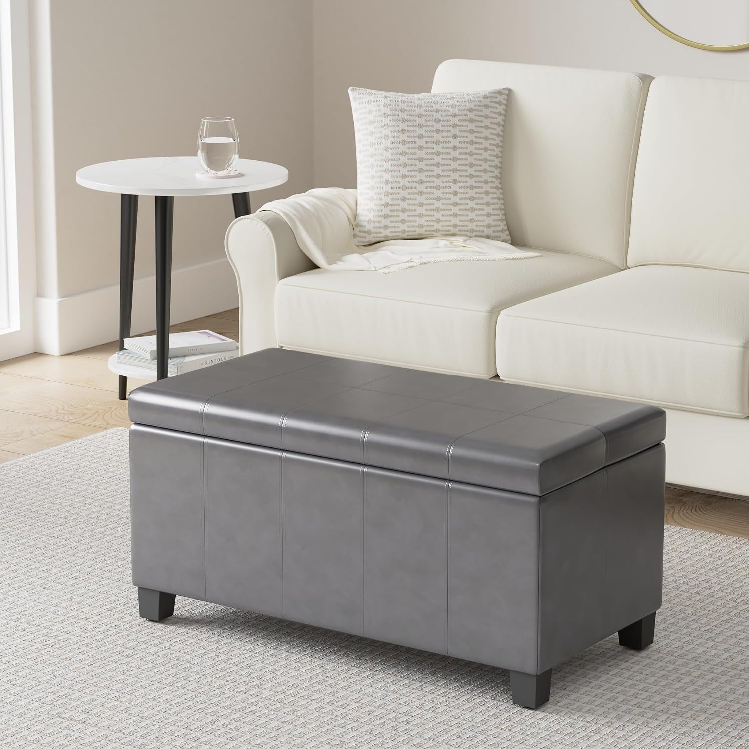 SIMPLIHOME Dover Storage Ottoman Bench - 36 inch Wide Upholstered Vegan Leather Rectangular Lift-Top Ottoman in Stone Grey, Contemporary Bench for Living Room with Safety Hinges