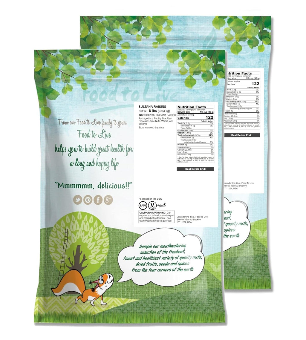Food to Live Sultana Raisins, 16 Pounds – Natural Dried Grapes for Baking, Snacking, and Trail Mixes.Vegan, Bulk. No Sugar Added, Unsulfured, Lightly Coated with Sunflower Oil. Perfect Pantry Staple