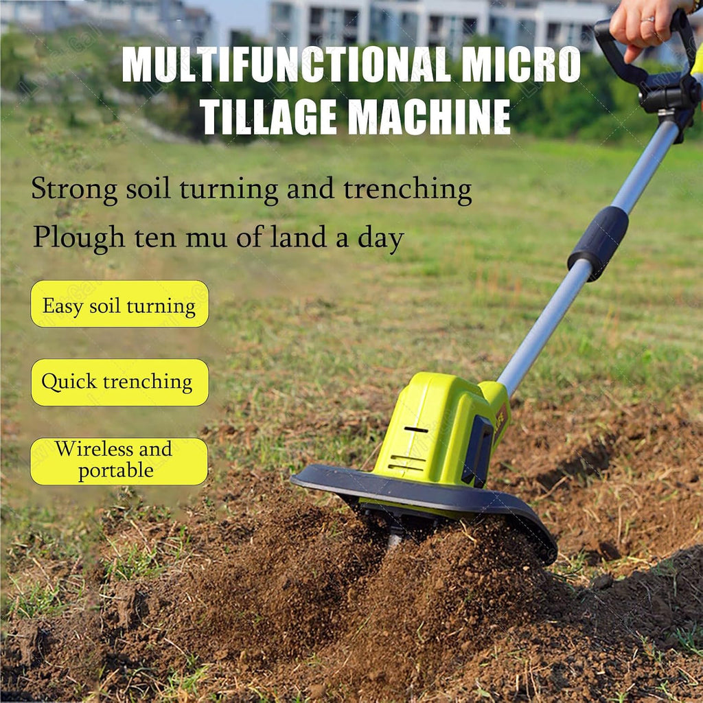 Electric Tiller, Cordless Electric Garden Rotavator - 25cm Working Width, 22cm Working Depth, 20V Soil Cultivator - Tiller with Safety Switch BackpackBattery
