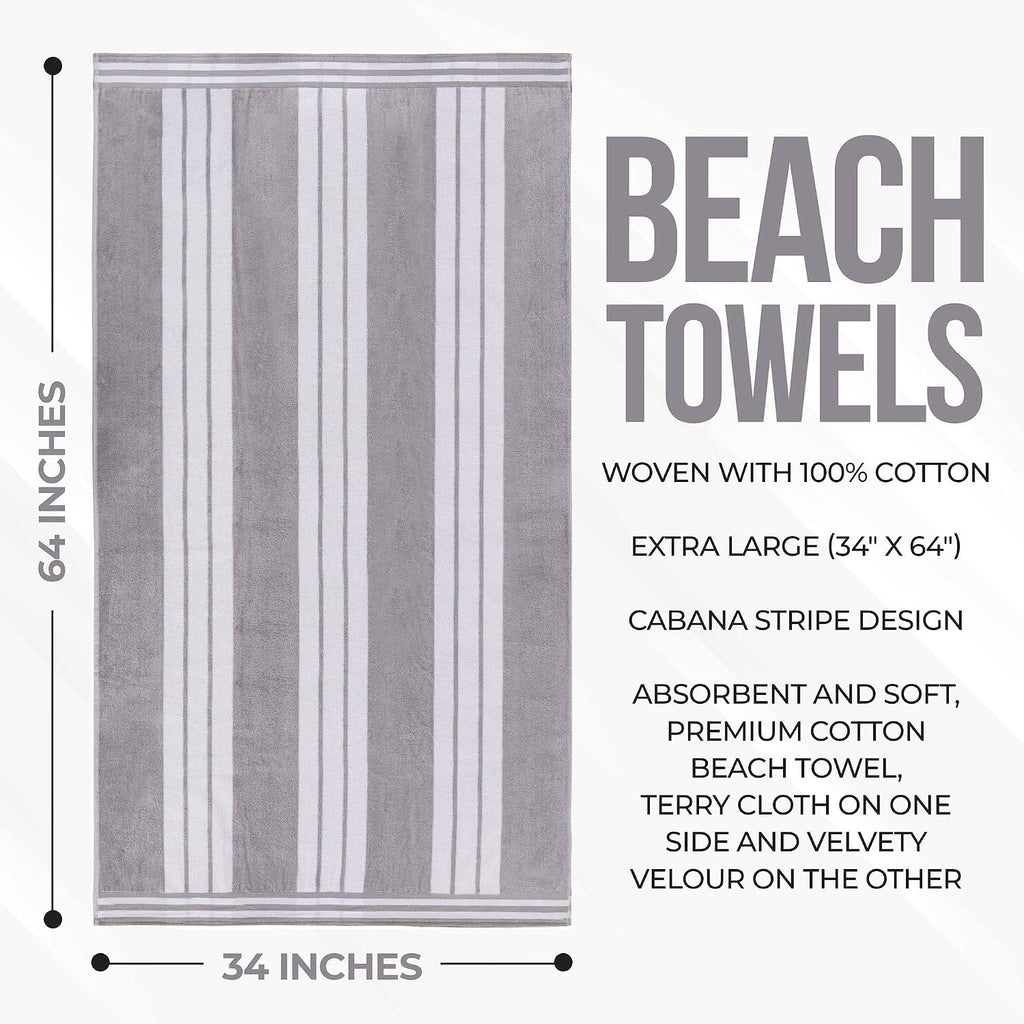Superior Oversized Cotton Beach Towel Set of 6, Absorbent Towels for Bathroom, Beach, Pool, Swim, Adults, Kids, Vacation, Travel, Bath, Quick Dry Basics, Trip Essentials, Striped Decor, Light Grey