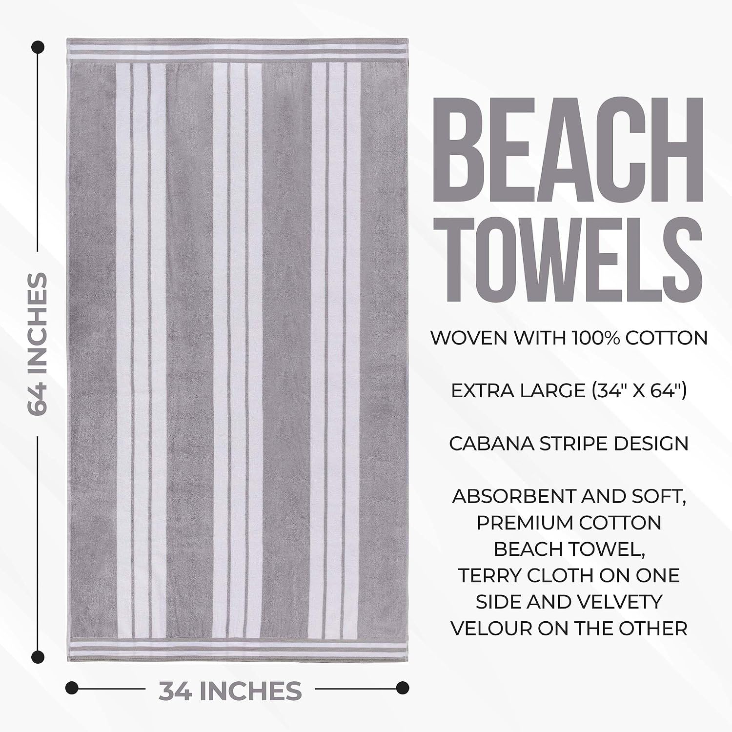 Superior Oversized Cotton Beach Towel Set of 6, Absorbent Towels for Bathroom, Beach, Pool, Swim, Adults, Kids, Vacation, Travel, Bath, Quick Dry Basics, Trip Essentials, Striped Decor, Light Grey