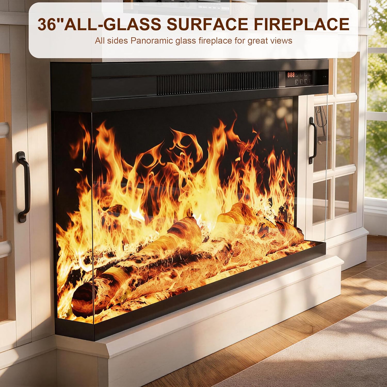 MXV 70' Fireplace TV Stand, 3-Sided Glass Fireplace and Modern Entertainment Center, Wooden Media Console with Glass Doors & Storage Drawers, LED Light, for Living Room, Antique White