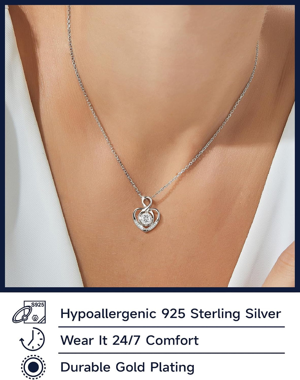 MomentWish Heart Necklace for Women, Jewelry Gifts for Her, D Color VVS1 Moissanite Necklace in 925 Sterling Silver, Infinity Pendent for Birthday Anniversary Mother's Day