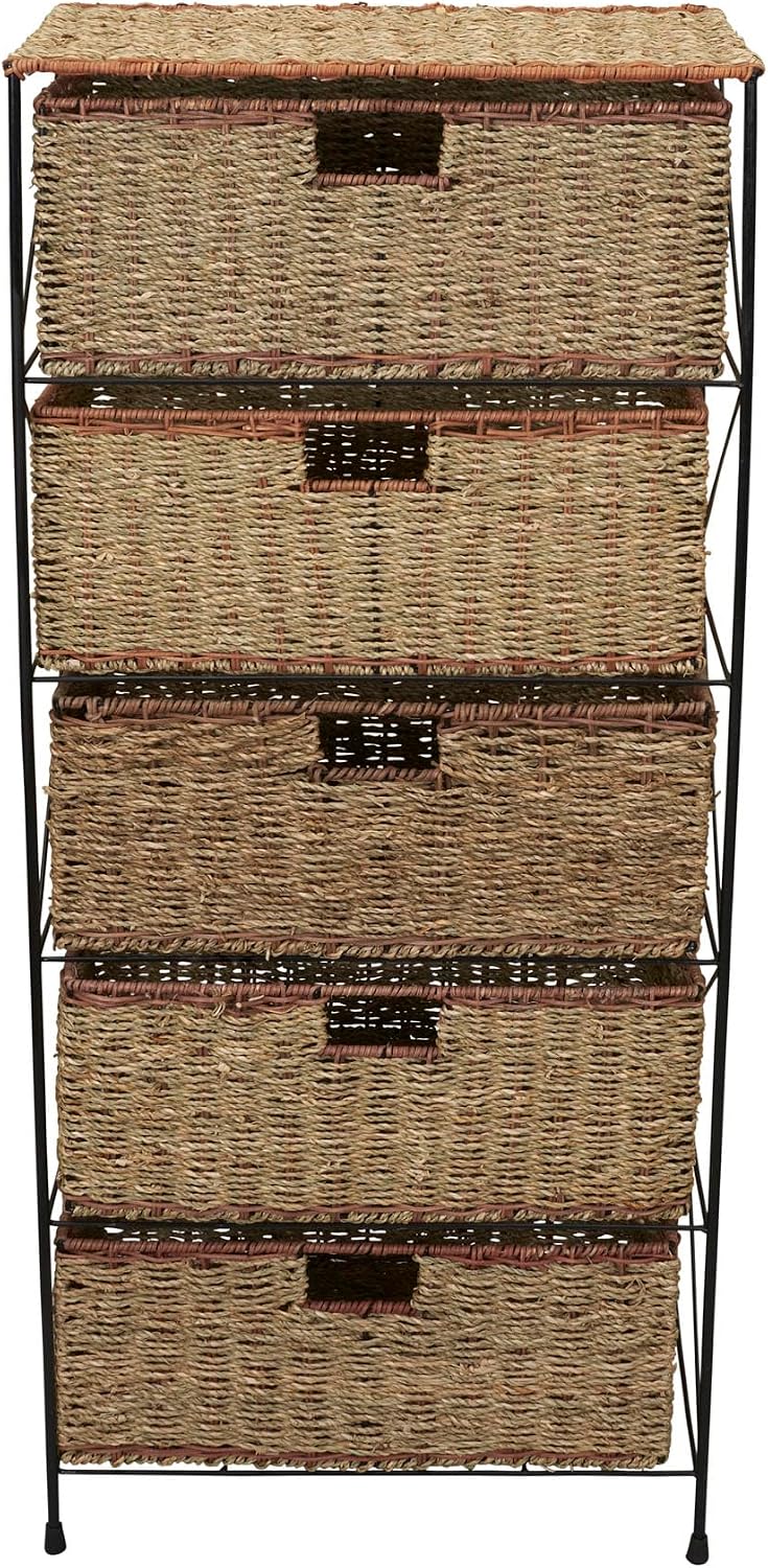 Household Essentials 5 Drawer Seagrass Wicker Storage Tower with Handwoven Rattan Design and Strong Metal Frame, Natural Rustic Modern Finish