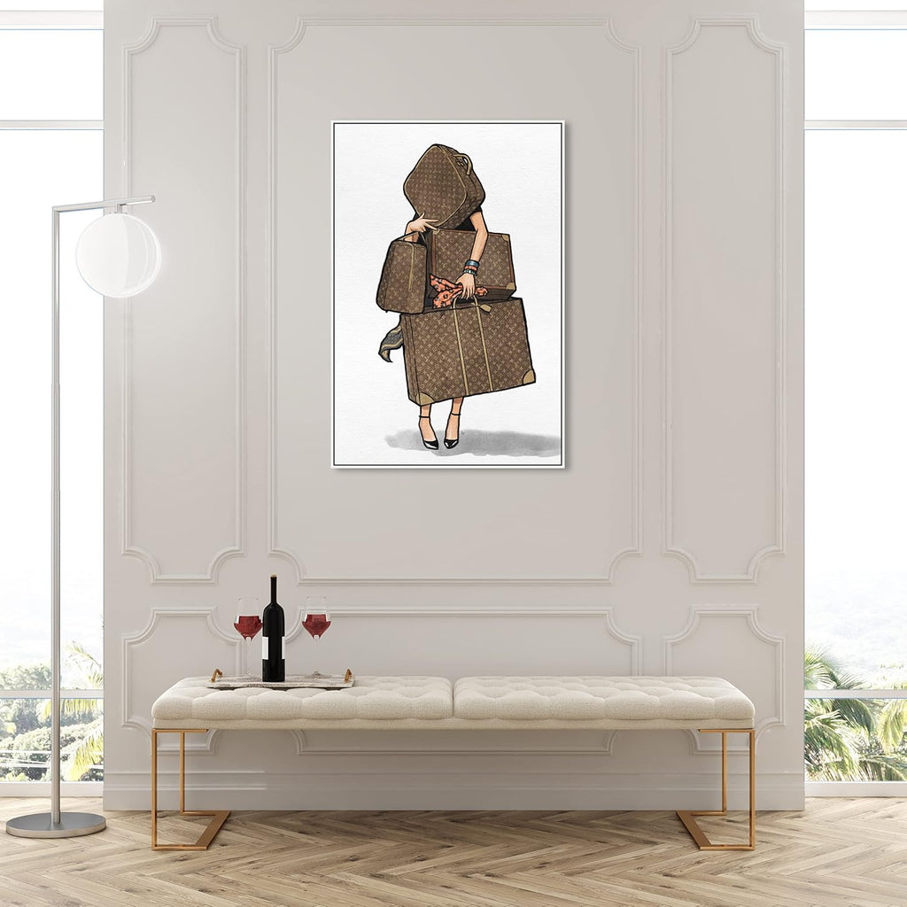 The Oliver Gal Artist Co. Fashion and Glam Modern Canvas Art - Bags, Bags, Bags- Orange, Wall Art for Living Room, Bedroom, and Bathroom, 30 in x 45, White and Brown Home Decor