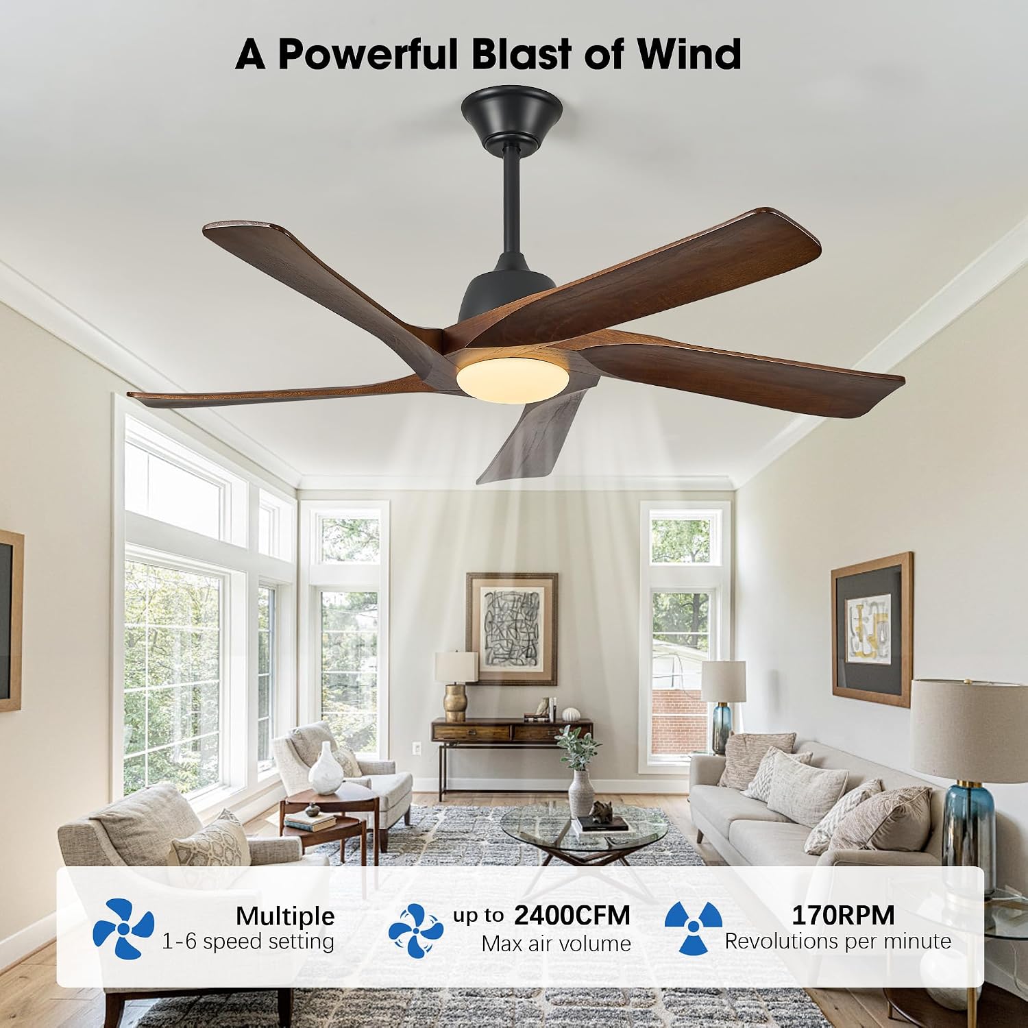 52' DC Ceiling Fan with Light, 5 Solid Wood Blades, Remote and APP Control, 3-color Dimmable, 6-speed Reversible, Quiet Ceiling Fan for Bedroom, Living Room, Dark Walnut