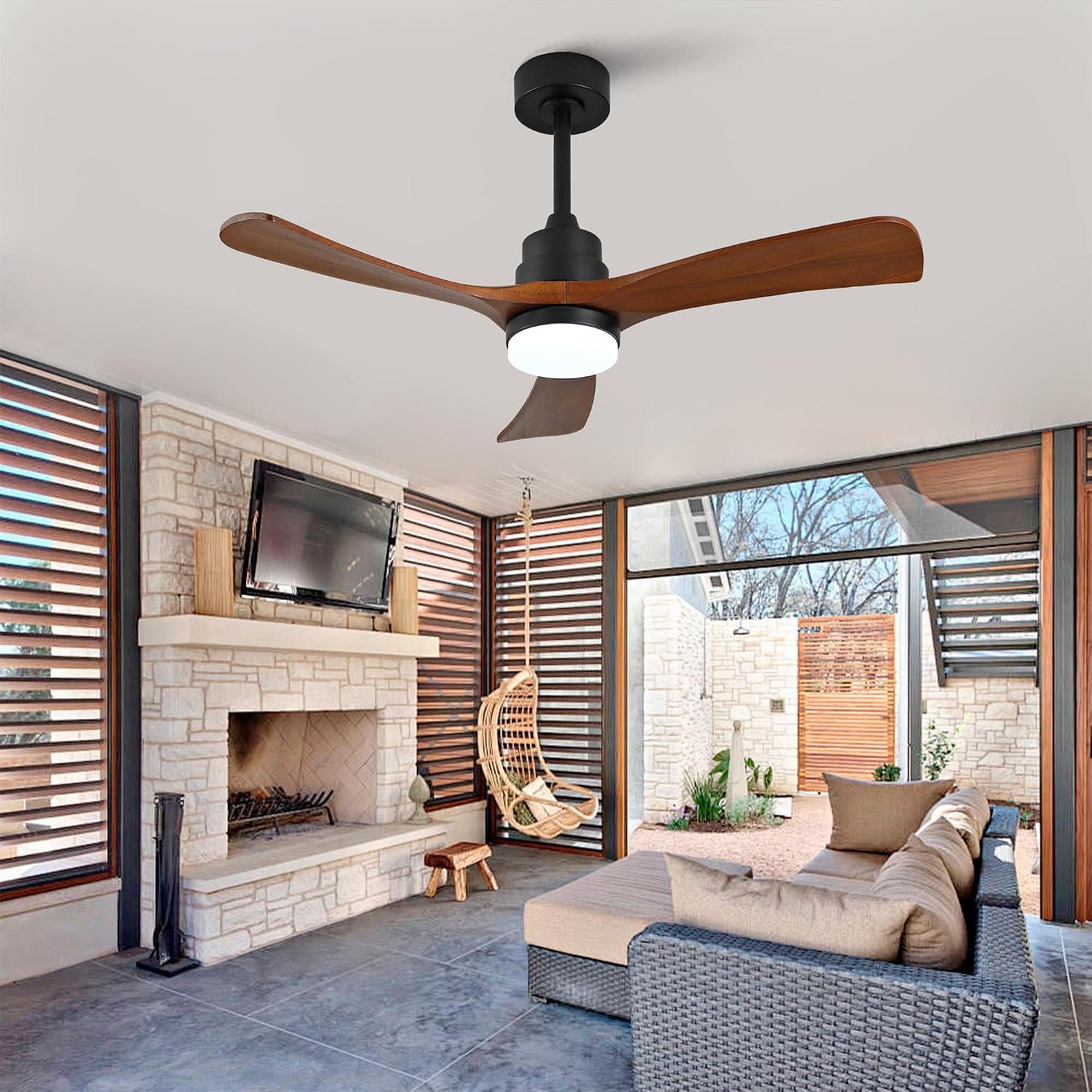 42 Inch Ceiling Fans with Lights and Remote, Outdoor Ceiling Fan for Patios with Light 3 Blades Ceiling Fan Noiseless Reversible DC Motor, Wood Fan for Farmhouse ES476