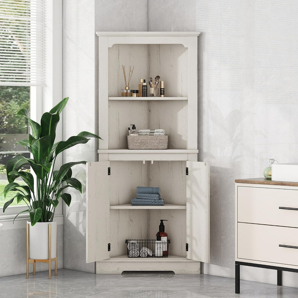 KEIKI Tall Corner Cabinet with Open Shelves and Concealed Storage, Space-Saving Design for Living Room, Bathroom, and Bedroom - Wood Grain Beige