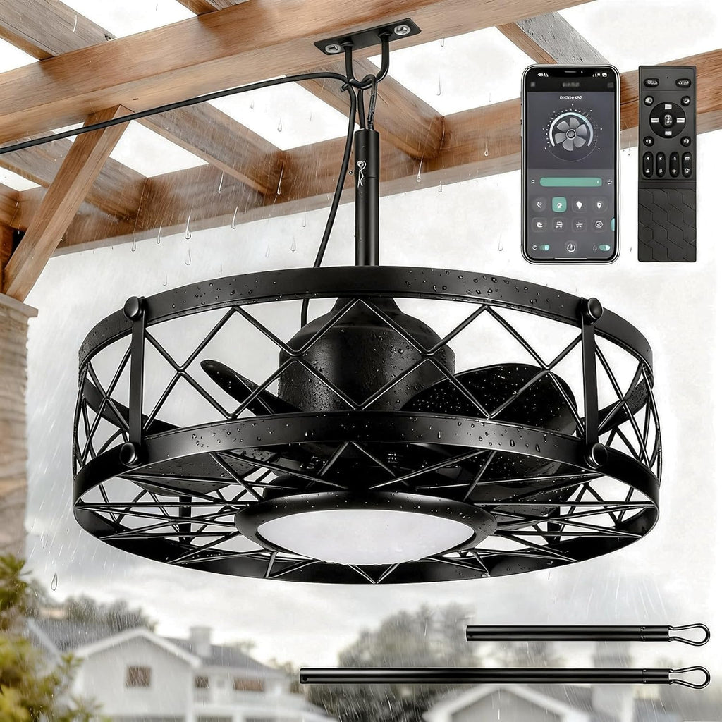 ropelux Outdoor Ceiling Fans with Light,Waterproof Ceiling Fan Light with Remote & APP Control,20 Inch Plug in Caged with Dimmable 3CCT 6-Speeds,Noiseless for Gazebo Patio Porch (Black, 20inch)