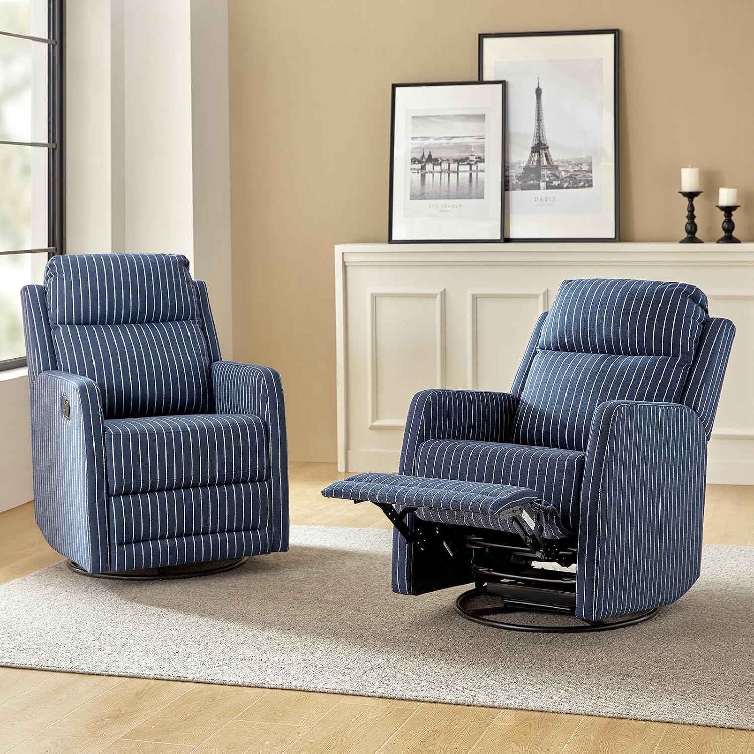 HULALA HOME Swivel Rocker Recliner Adjustable Home Theater Single Fabric Recliner Sofa Furniture, Living Room Rocking Recliner Chairs Nursery, Set of 2 Navy Striped Pattern