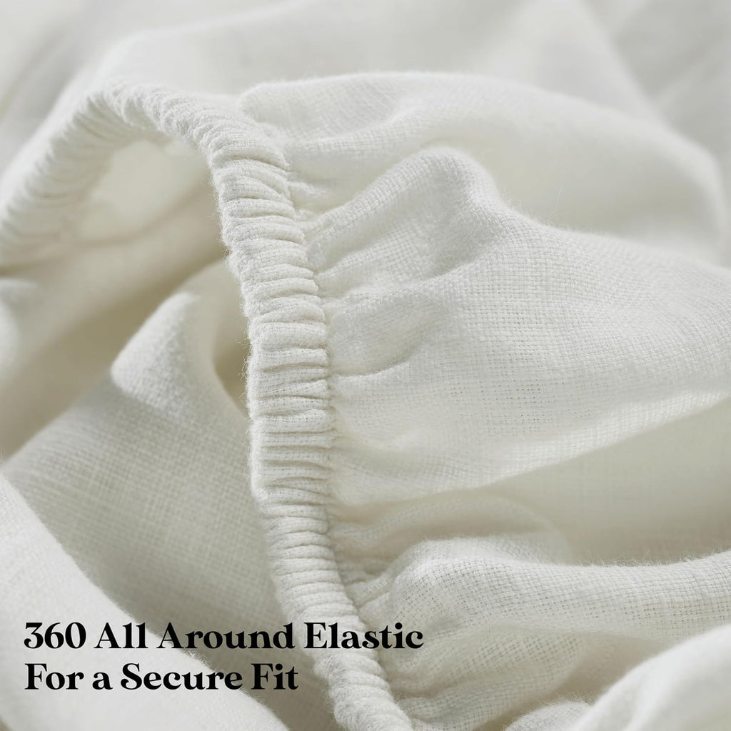 Superior Chloe 100% Cotton Percale Bed Sheet Set, 1 Flat Sheet, 1 Elastic Deep Pocket Fitted Sheet, 2 Pillowcases, Vintage Wash, Boho Chic Decor, Modern Bedroom Essentials, California King, Ivory