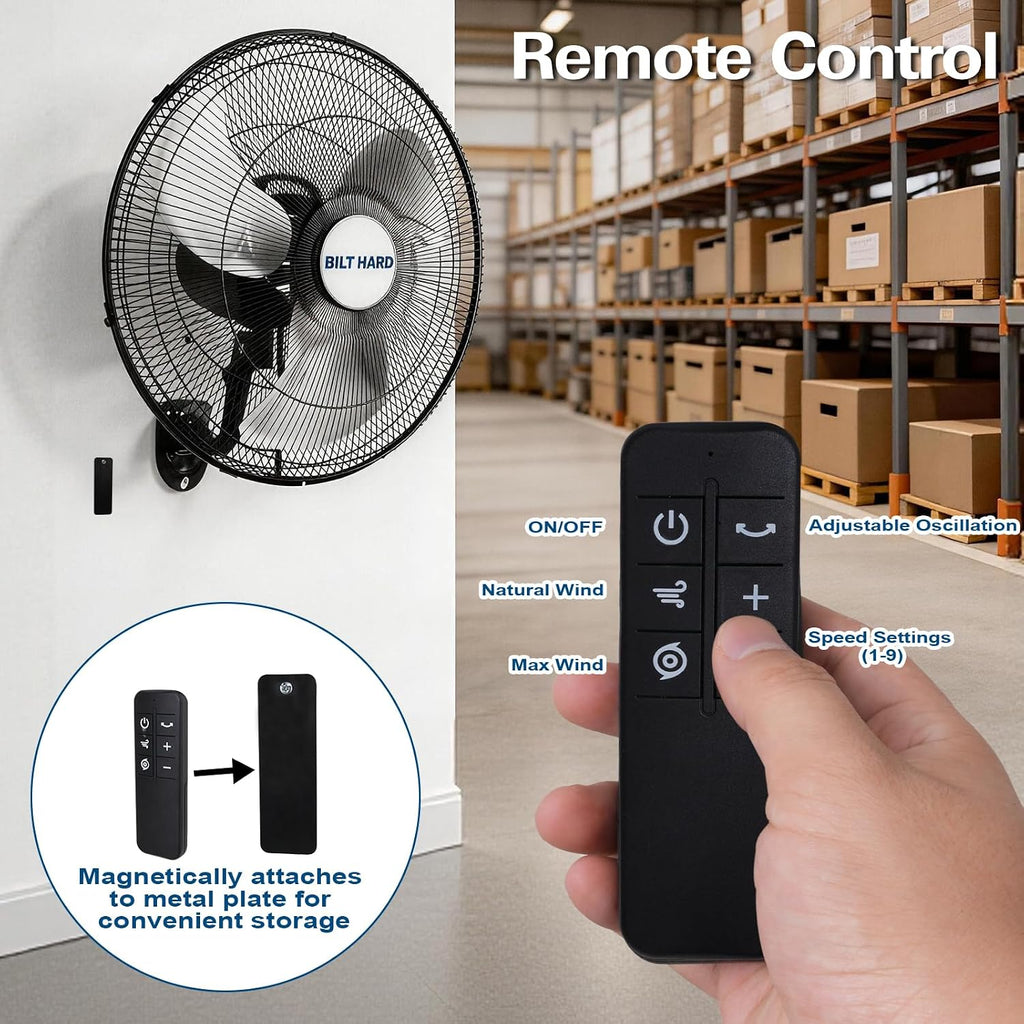 BILT HARD 20' 5200 CFM Wall Mounted Fan with Remote Control, 9-Speed Oscillating Wall Fan with DC Motor, High Velocity Whisper-Quiet Industrial Shop Fan for Garage, Warehouse
