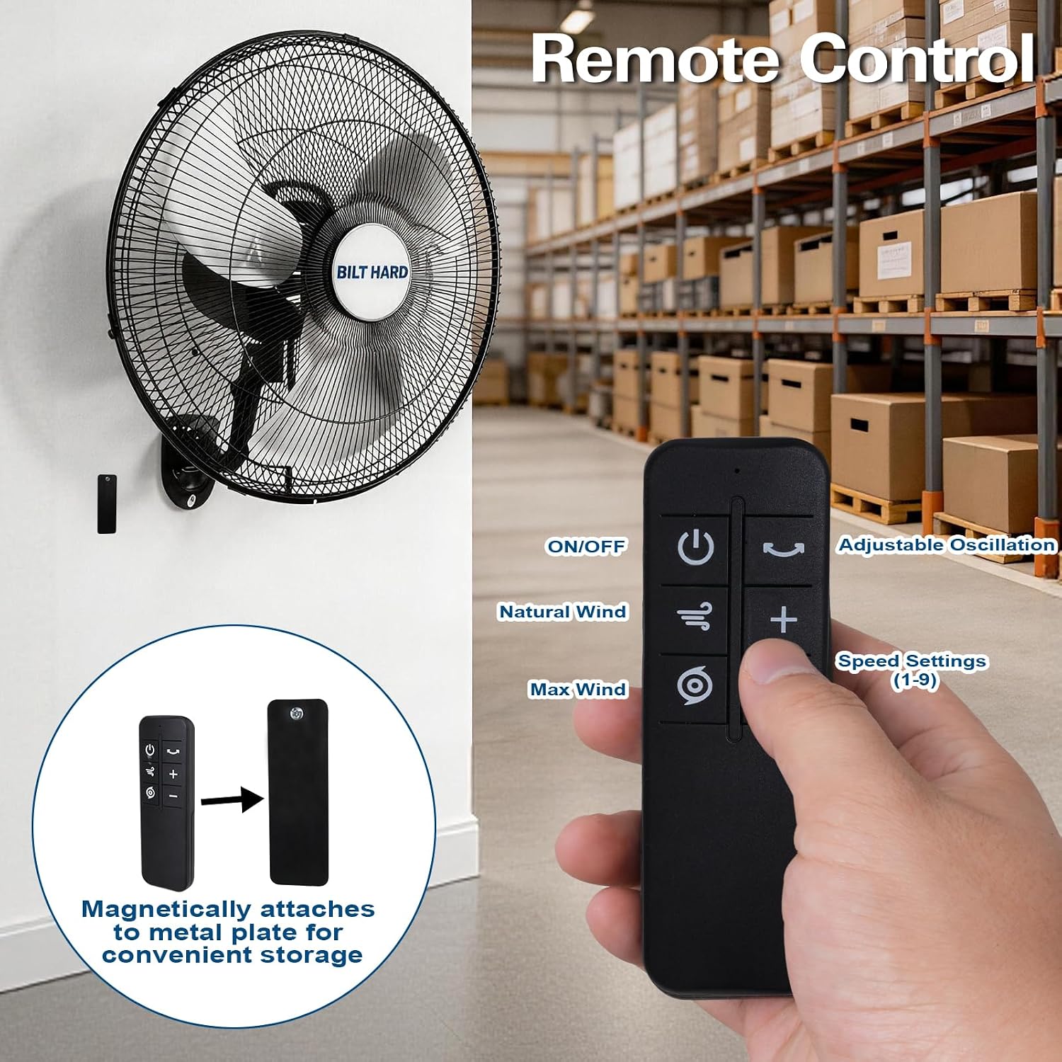 BILT HARD 20' 5200 CFM Wall Mounted Fan with Remote Control, 9-Speed Oscillating Wall Fan with DC Motor, High Velocity Whisper-Quiet Industrial Shop Fan for Garage, Warehouse